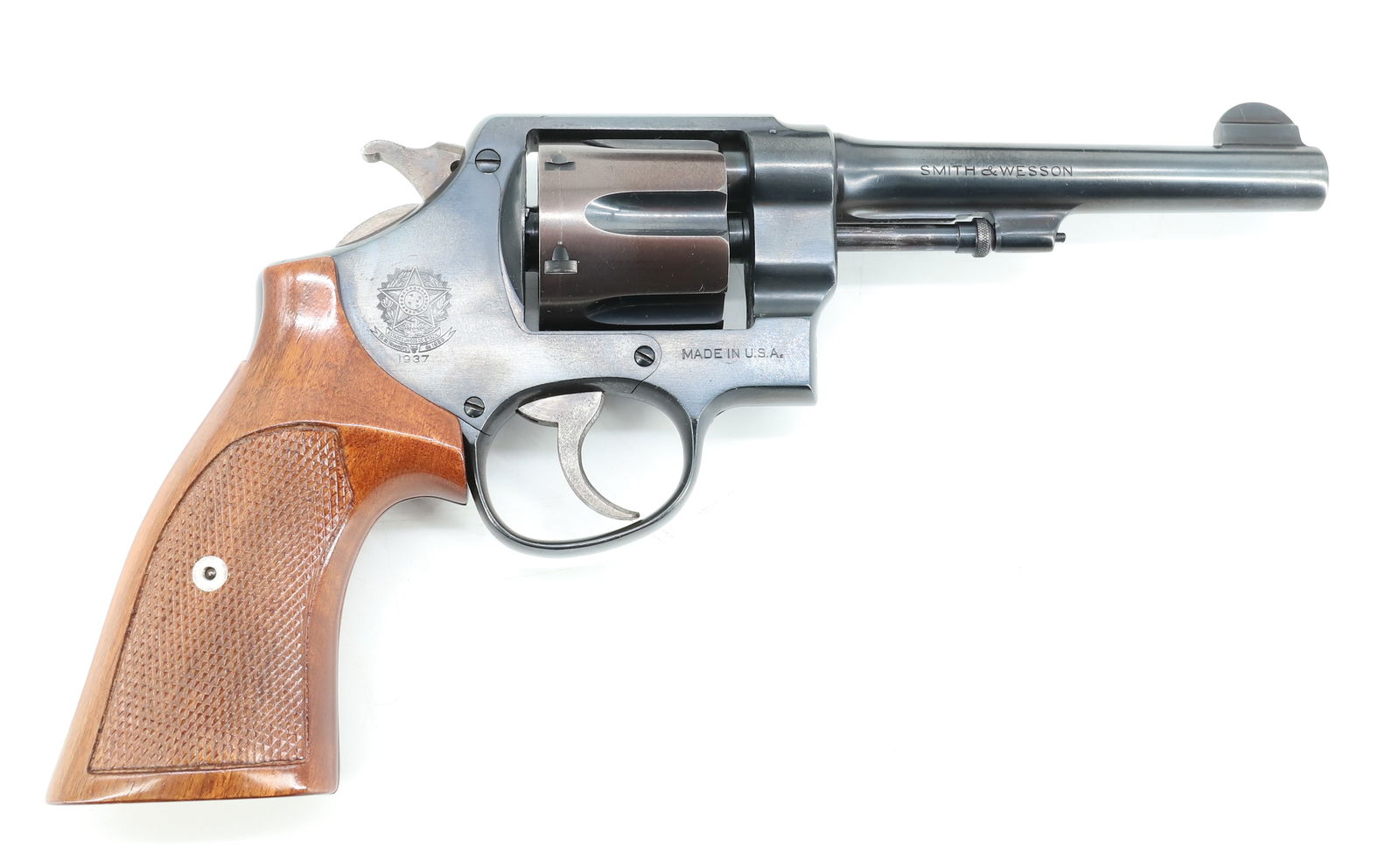 SMITH AND WESSON DA 45 REVOLVER: 45 ACP, SERIAL# 14695, 5 1/2" BARREL, 1937 THIS GUN REQUIRES REGISTRATION OR AN FFL TRANSFER TO PURCHASE PLEASE READ CAREFULLY BEFORE BIDDING. ALL PAYMENTS MUST BE MADE BEFORE ITEMS CAN BE