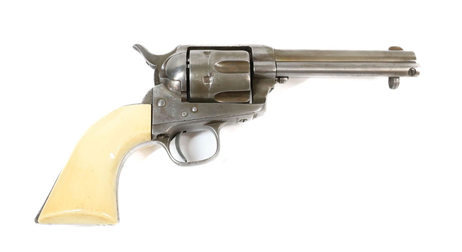COLT SINGLE ACTION ARMY: 44 CF (MARKED ON LEFT SIDE OF TRIGGER GUARD), SERIAL# 20952, ALL NUMBERS MATCHING, BONE GRIPS - 5" BARREL - MFG 1875 ANTIQUE OR BLACK POWDER, NO REGISTRATION OR TRANSFER REQUIRED PLEASE READ CAREFULLY