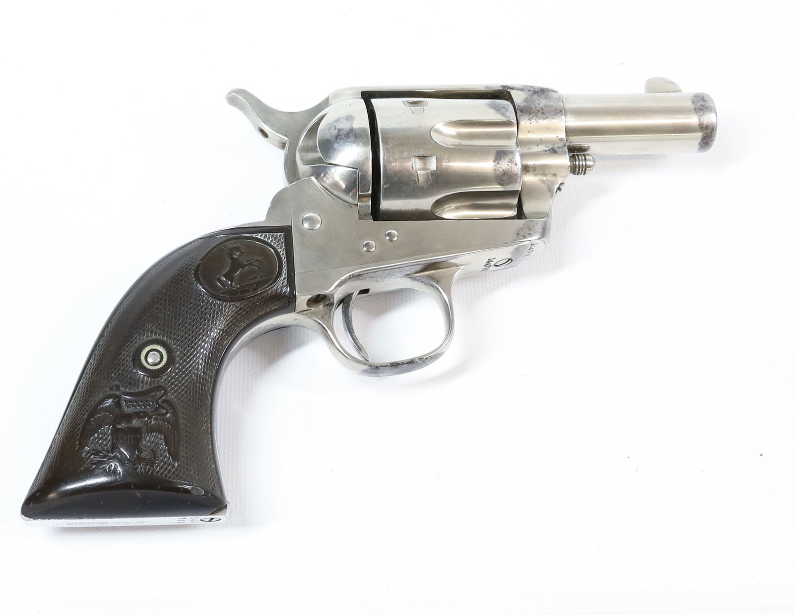 COLT SINGLE ACTION ARMY: 44 CAL, SERIAL# 144762, 2 3/4" BARREL (CUT DOWN) - MFG. 1892 - EMBOSSED EAGLES GRIPS ANTIQUE OR BLACK POWDER, NO REGISTRATION OR TRANSFER REQUIRED PLEASE READ CAREFULLY BEFORE BIDDING. ALL