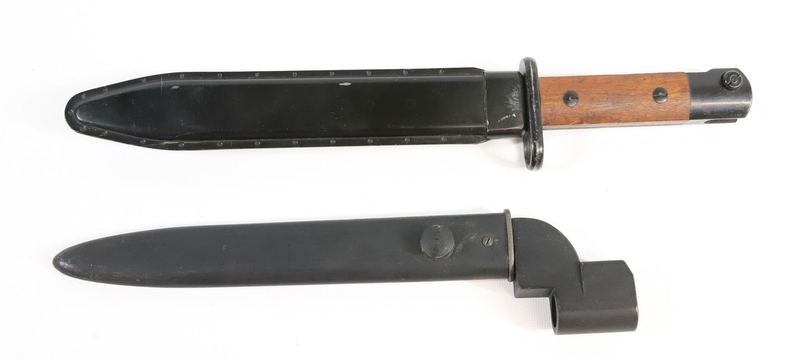 DANISH M1947 BAYONET AND MK 7 BAYONET: MADSEN - WITH SCABBARD, #5487 - 13" TOTAL LENGTH - NO. 9 MK7 BAYONET WITH SCABBARD, D-54