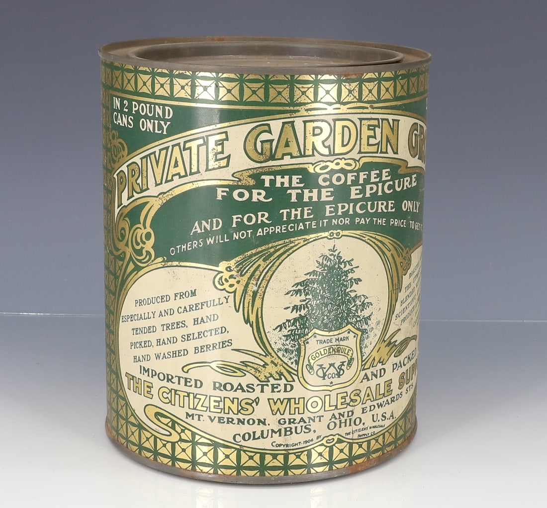 TIN LITHO "PRIVATE GARDEN GROWTH" COFFEE TIN (1 of 6)