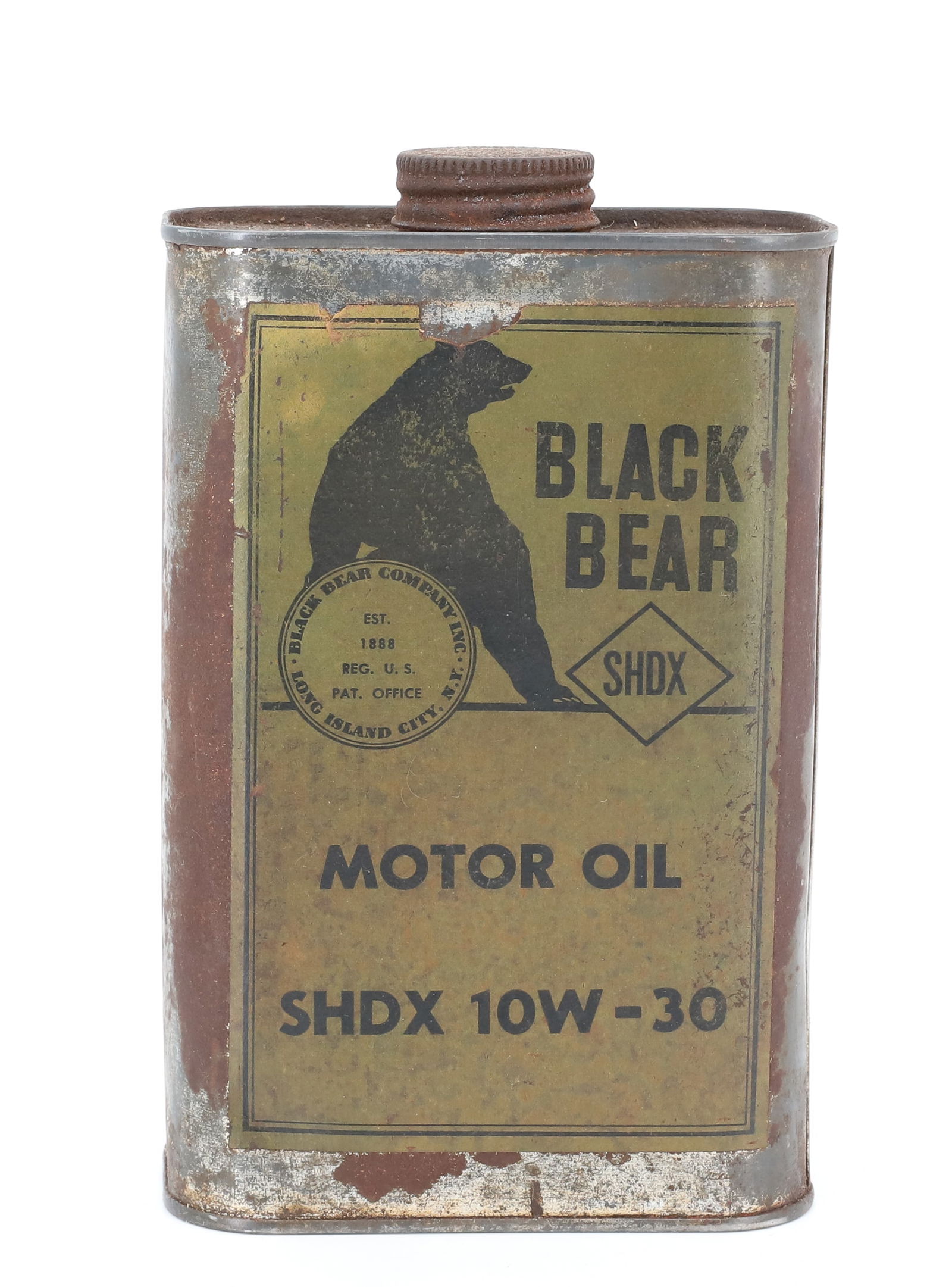 BLACK BEAR MOTOR OIL ADVERTISING TIN: PAPER LABEL. "LONG ISLAND CITY, NEW YORK" MRKD. SHDX 10W-30. 7" H. PLEASE READ CAREFULLY - TEMS MUST BE PAID FOR THROUGH LIVE AUCTIONEERS OR WITH CASH OR CHECK IN PERSON - Terms for Purchasing and Shi