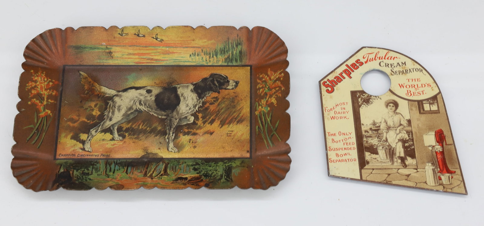 SHARPLES ADVERTISING POT SCRAPER AND MINIATURE TRAY: SHARPLES TUBULAR CREAM SEPARATOR, POT AND PAN SCRAPER WITH, HUNTING DOG TIP TRAY. 3 1/4" X 4 7/8". PLEASE READ CAREFULLY - TEMS MUST BE PAID FOR THROUGH LIVE AUCTIONEERS OR WITH CASH OR CHECK IN PERSO