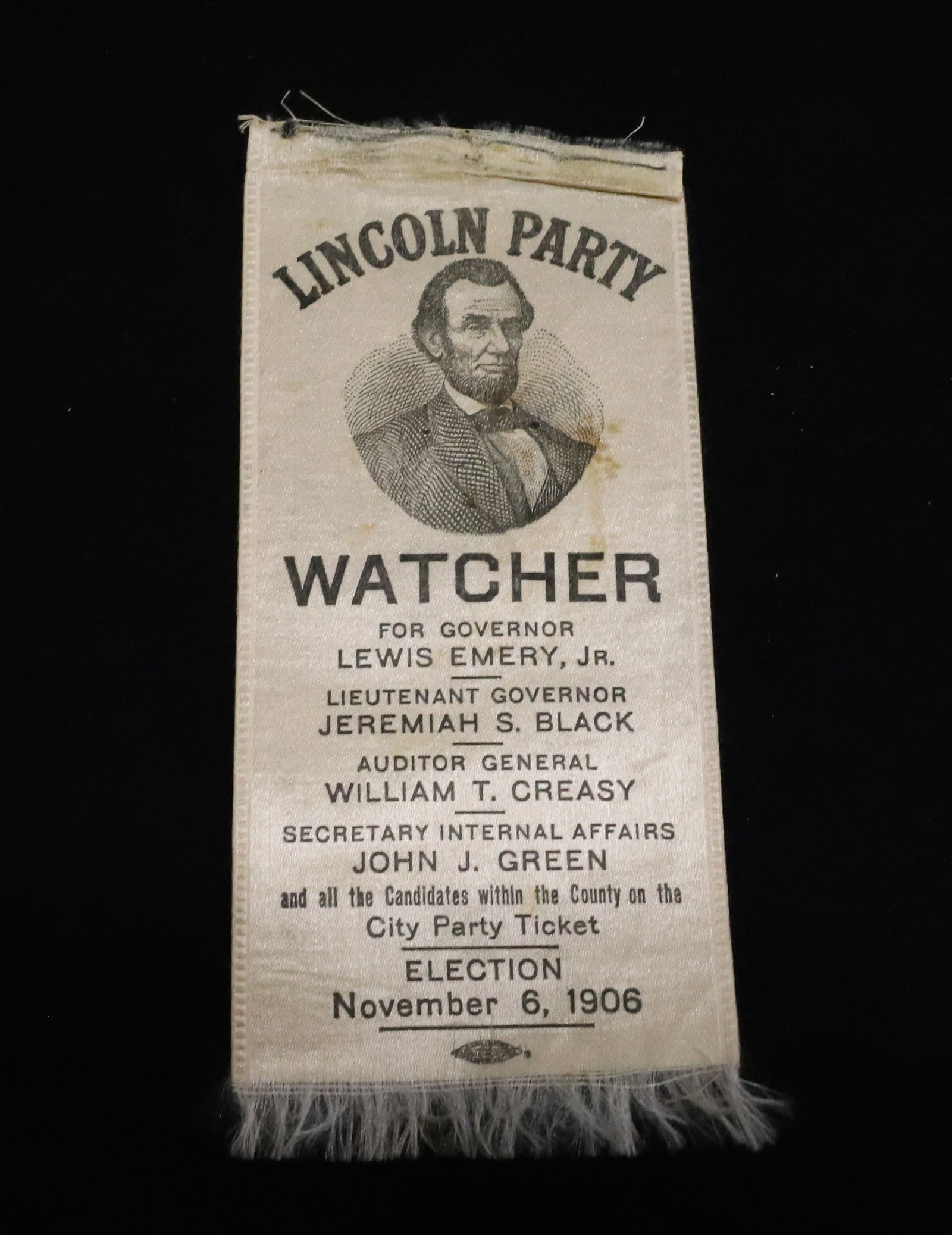 LINCOLN PARTY WATCHER RIBBON, 1906 (1 of 2)