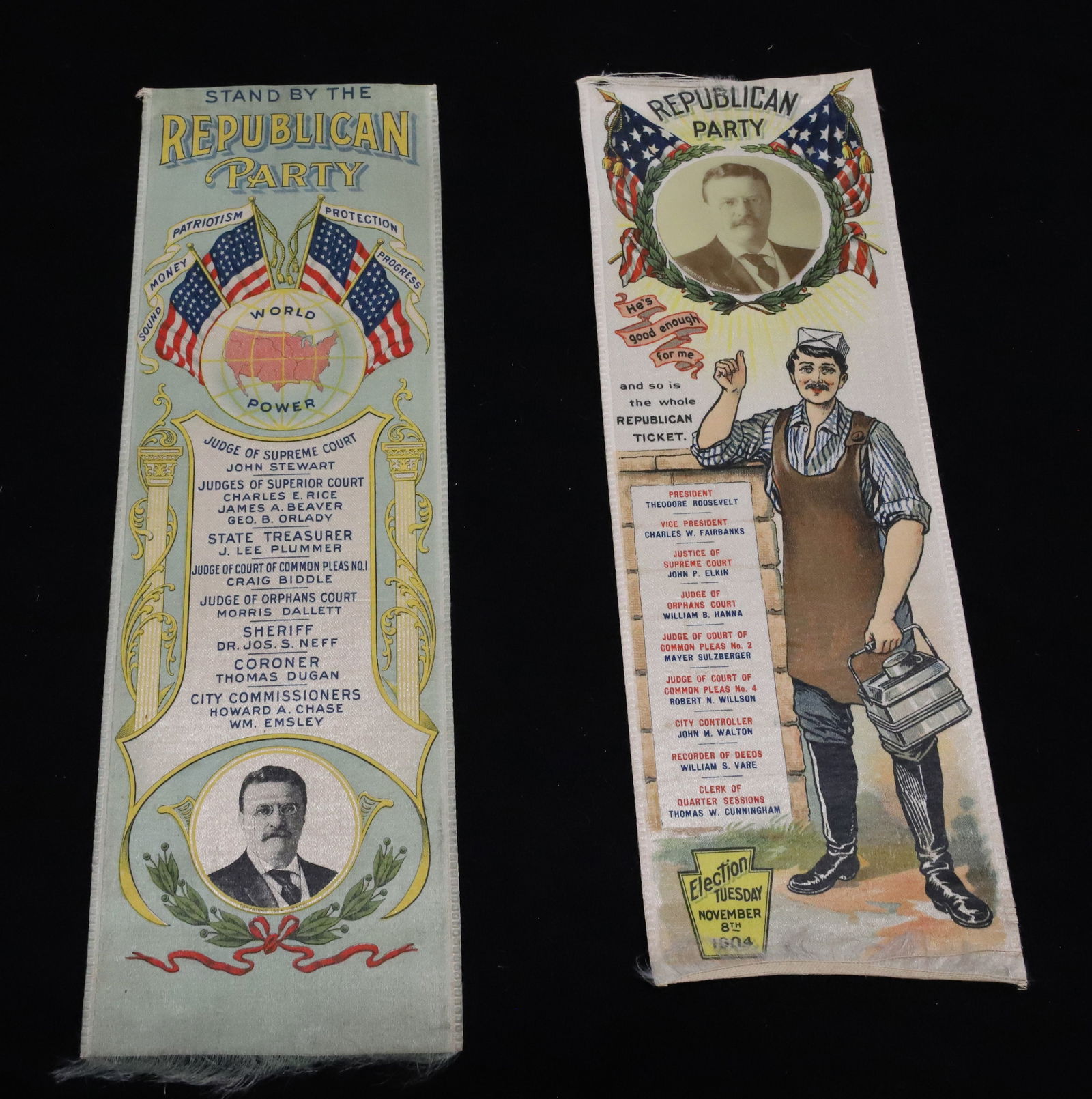 (2) REPUBLICAN PARTY RIBBONS, TEDDY ROOSEVELT: STAND BY THE REPUBLICAN PARTY 9 7/8" L. AND "REPUBLICAN PARTY" ELECTION NOVEMBER 8TH, 1904. CELLULOID PHOTO OF ROOSEVELT AT TOP. 9 1/2" L. PLEASE READ CAREFULLY - TEMS MUST BE PAID FOR THROUGH LIVE AU