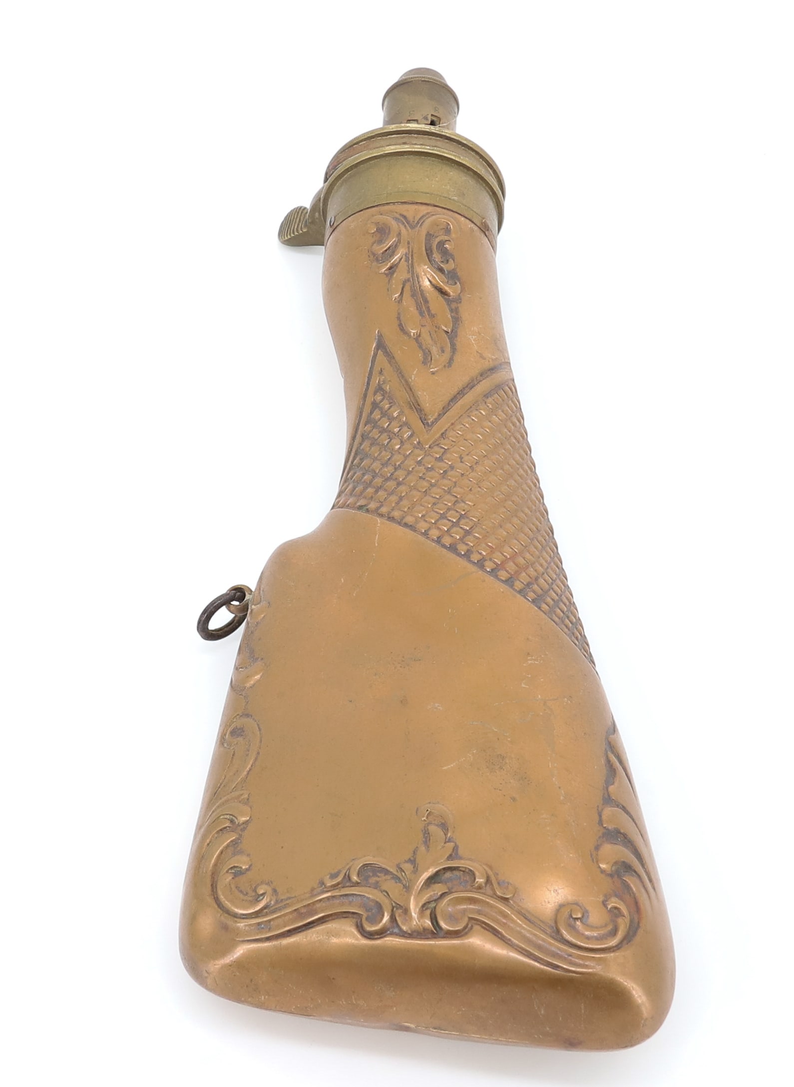 ANTIQUE COPPER POWDER FLASK, GUNSTOCK (1 of 5)