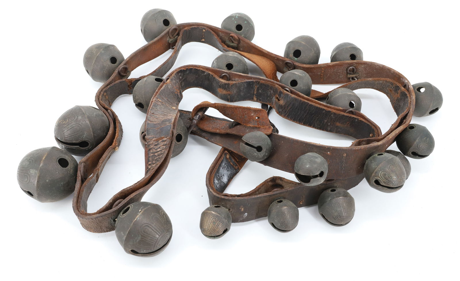 ANTIQUE STRAP OF GRADUATED SLEIGH BELLS: (22) BELLS PINNED ON LEATHER STRAPPING. 82" TOTAL LENGTH. PLEASE READ CAREFULLY - TEMS MUST BE PAID FOR THROUGH LIVE AUCTIONEERS OR WITH CASH OR CHECK IN PERSON - Terms for Purchasing and