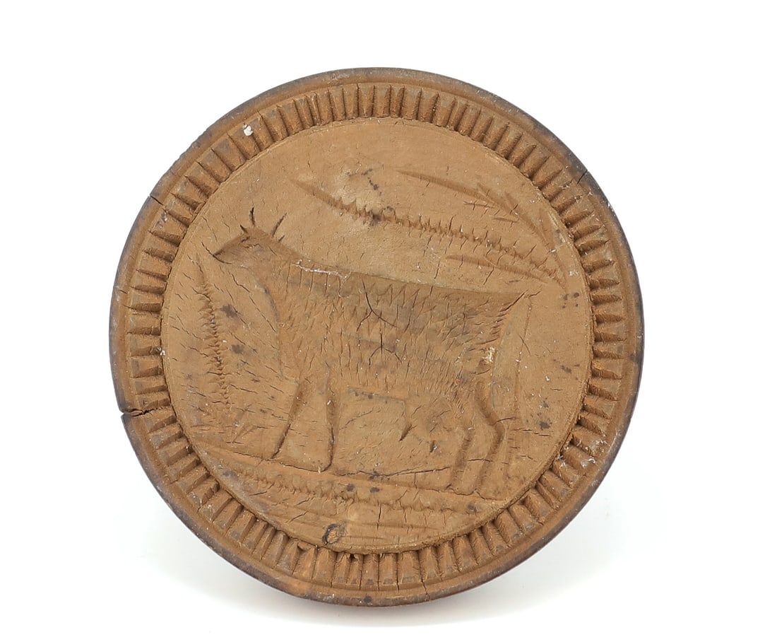 CARVED COW BUTTER STAMP: CARVED COW 3 7/8" DIAMETER PLEASE READ CAREFULLY - TEMS MUST BE PAID FOR THROUGH LIVE AUCTIONEERS OR WITH CASH OR CHECK IN PERSON - Terms for Purchasing and Shipping of Auction Items. Please read