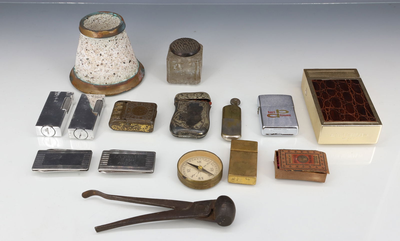 LOT OF VINTAGE LIGHTERS, MATCH HOLDERS, COMPASS, MORE (1 of 5)