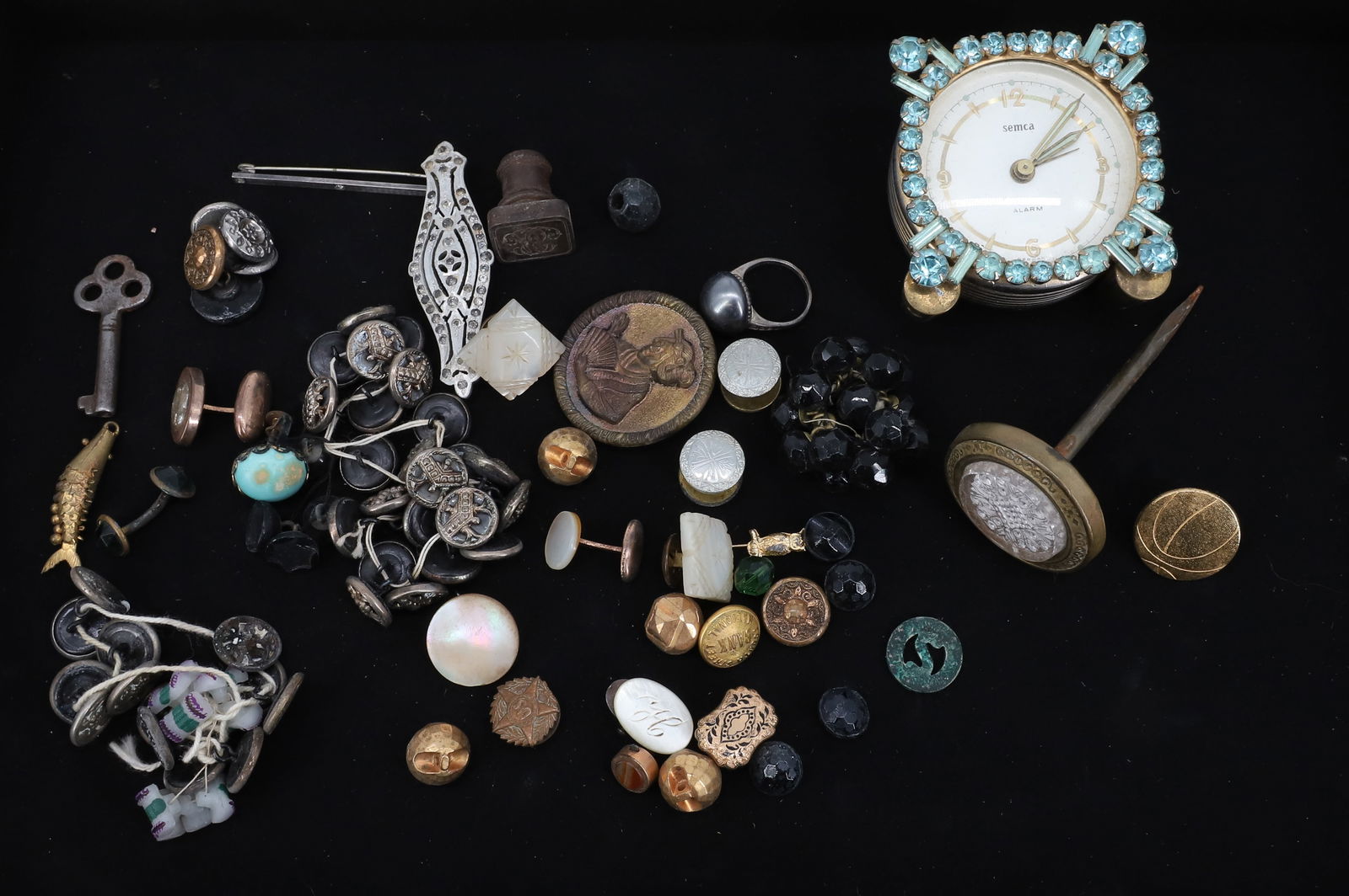 LOT OF ANTIQUE BUTTONS, SEMCA CLOCK, JEWELRY (1 of 5)