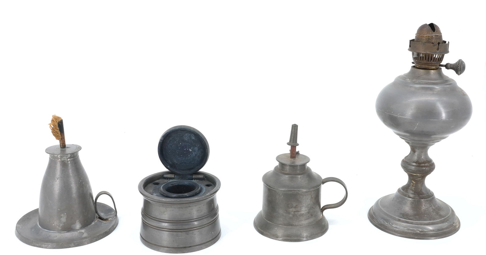 LOT OF PEWTER OIL LAMPS AND INKWELL (1 of 4)