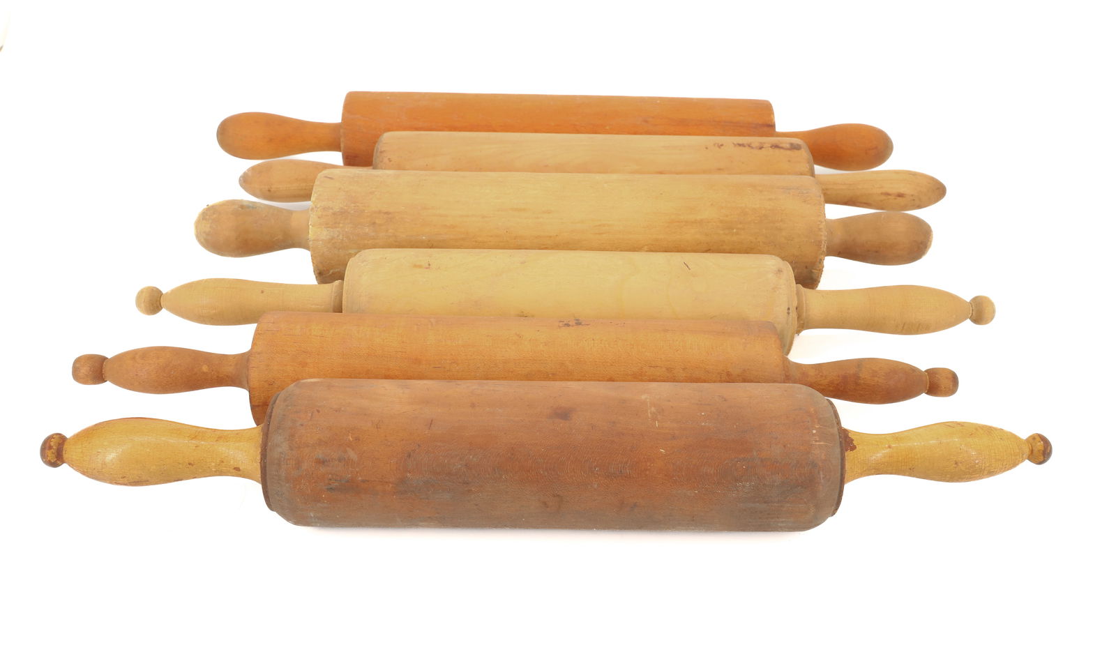 LOT OF WOODEN ROLLING PINS: (6) WOODEN ROLLING PINS. THREE ARE ONE PIECE AND THREE HAVE INSERTED HANDLES. LONGEST 19 1/2". PLEASE READ CAREFULLY - TEMS MUST BE PAID FOR THROUGH LIVE AUCTIONEERS OR WITH CASH OR CHECK IN