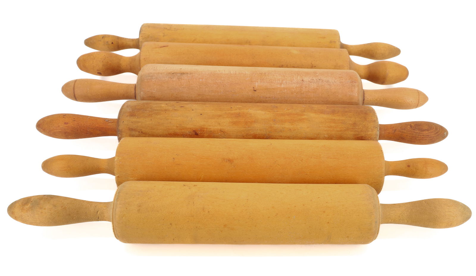 LOT OF WOODEN ROLLING PINS: (6) WOODEN ONE-PIECE ROLLING PINS. LONGEST 19" L. PLEASE READ CAREFULLY - TEMS MUST BE PAID FOR THROUGH LIVE AUCTIONEERS OR WITH CASH OR CHECK IN PERSON - Terms for Purchasing and Shipping of