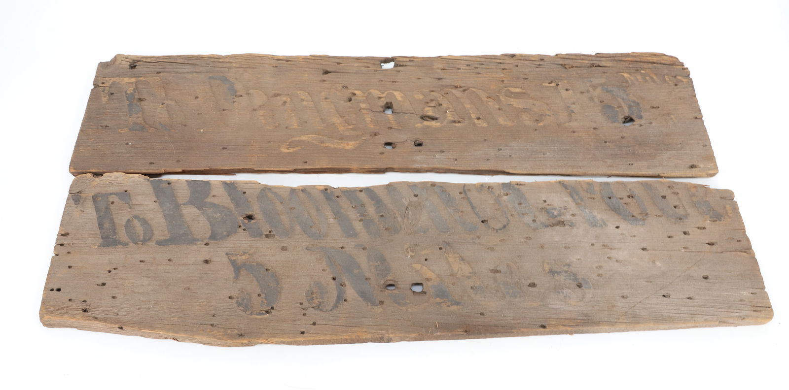 DINGMAN'S AND BLOOMING GROVE SIGNS: EARLY WOODEN PA DIRECTIONAL SIGNS. "TO DINGMANS 15 MILES..TO BLOOMING GROVE 5 MILES". 24" LENGTHS. PLEASE READ CAREFULLY - TEMS MUST BE PAID FOR THROUGH LIVE AUCTIONEERS OR WITH CASH OR CHECK IN