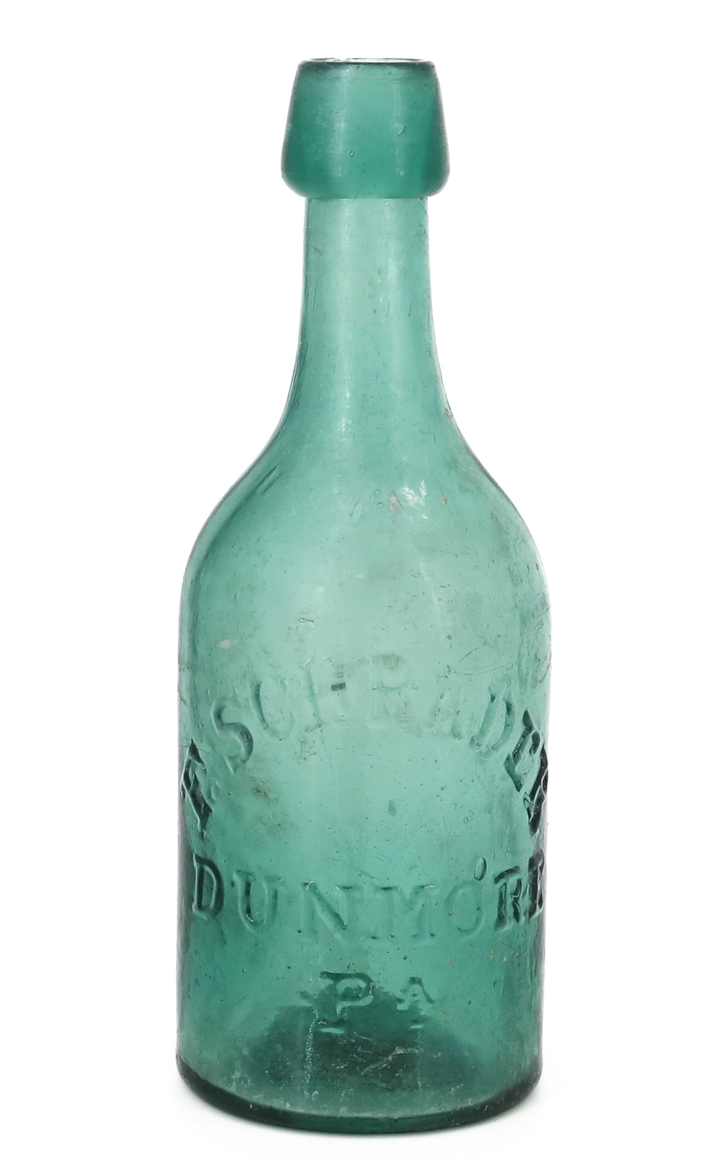 DUNMORE, PA SODA BOTTLE: LIGHT GREEN "F. SCHRAEDER, DUNMORE, PA" 7 1/4" H. PLEASE READ CAREFULLY - TEMS MUST BE PAID FOR THROUGH LIVE AUCTIONEERS OR WITH CASH OR CHECK IN PERSON - Terms for Purchasing and Shipping of