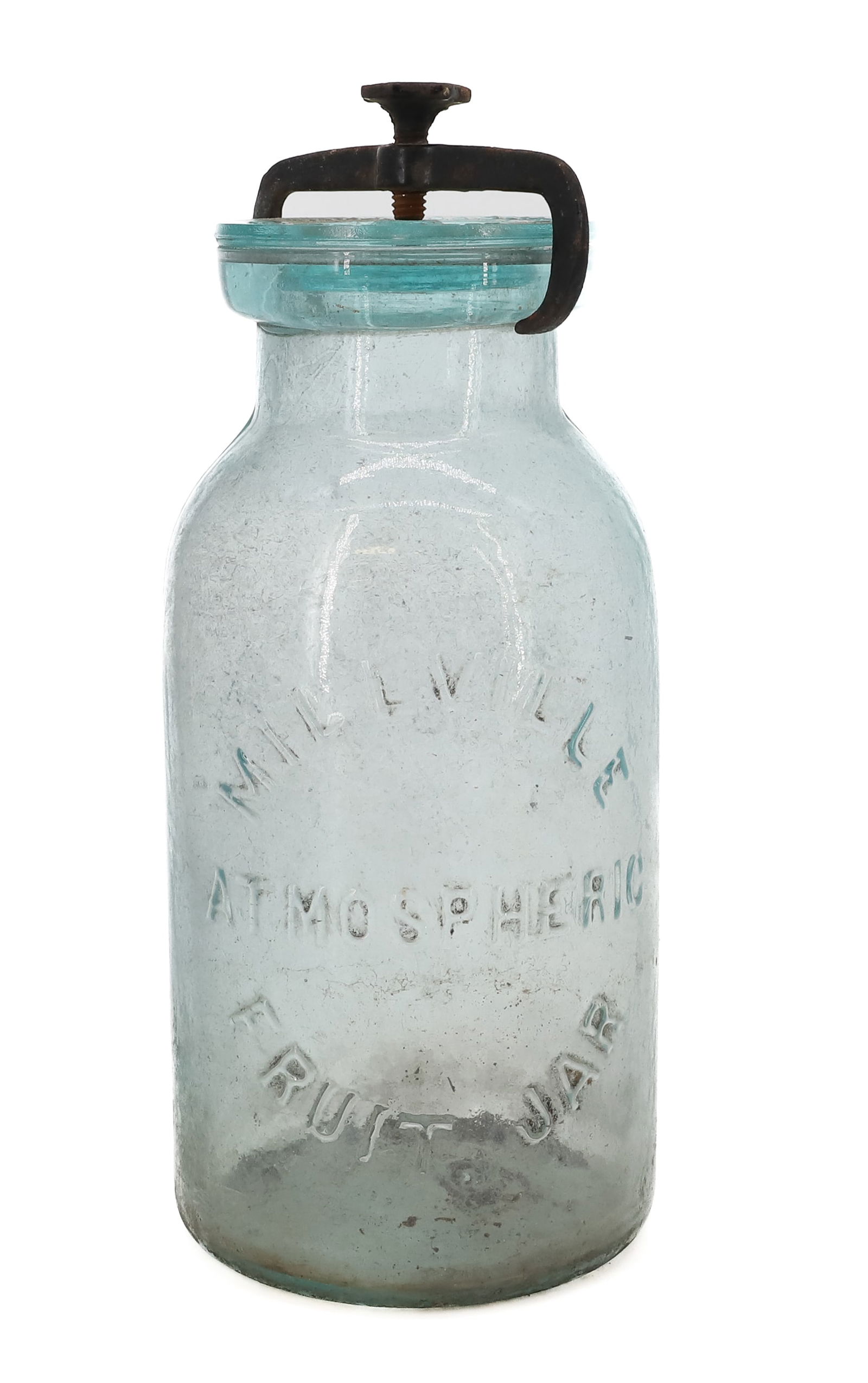(2) MILLVILLE ATMOSPHERIC FRUIT JARS: ONE HAS LID AND IRON CLOSURE. MRKD. ON OPPOSITE SIDES "WHITALLS PATENT JUNE 18TH 1861" BOTTOMS MRKD. "7" ON BOTTOM. 8" H. PLUS, EXTRA IRON CLOSURE (RUSTED, KNOB DOES NOT TURN). PLEASE READ