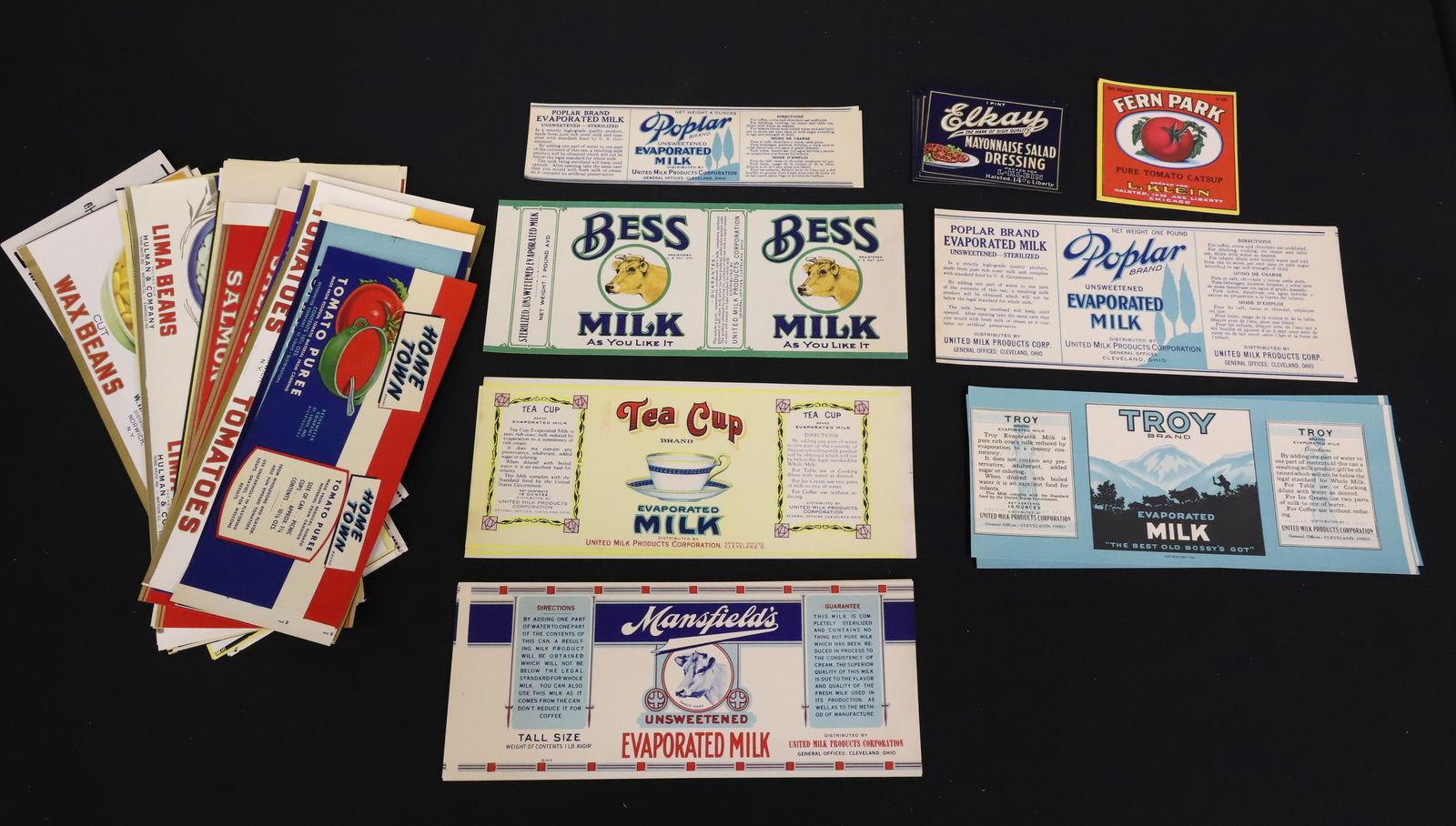 LOT OF VINTAGE CAN LABELS: INCLUDING: EVAPORATED MILK (SOME DATED), MAYONNAISE, CATSUP, VEGETABLES, FRUIT, SALMON, APPLESAUCE AND MORE. PLEASE READ CAREFULLY - ITEMS MUST BE PAID FOR THROUGH LIVE AUCTIONEERS OR WITH CASH OR CHE