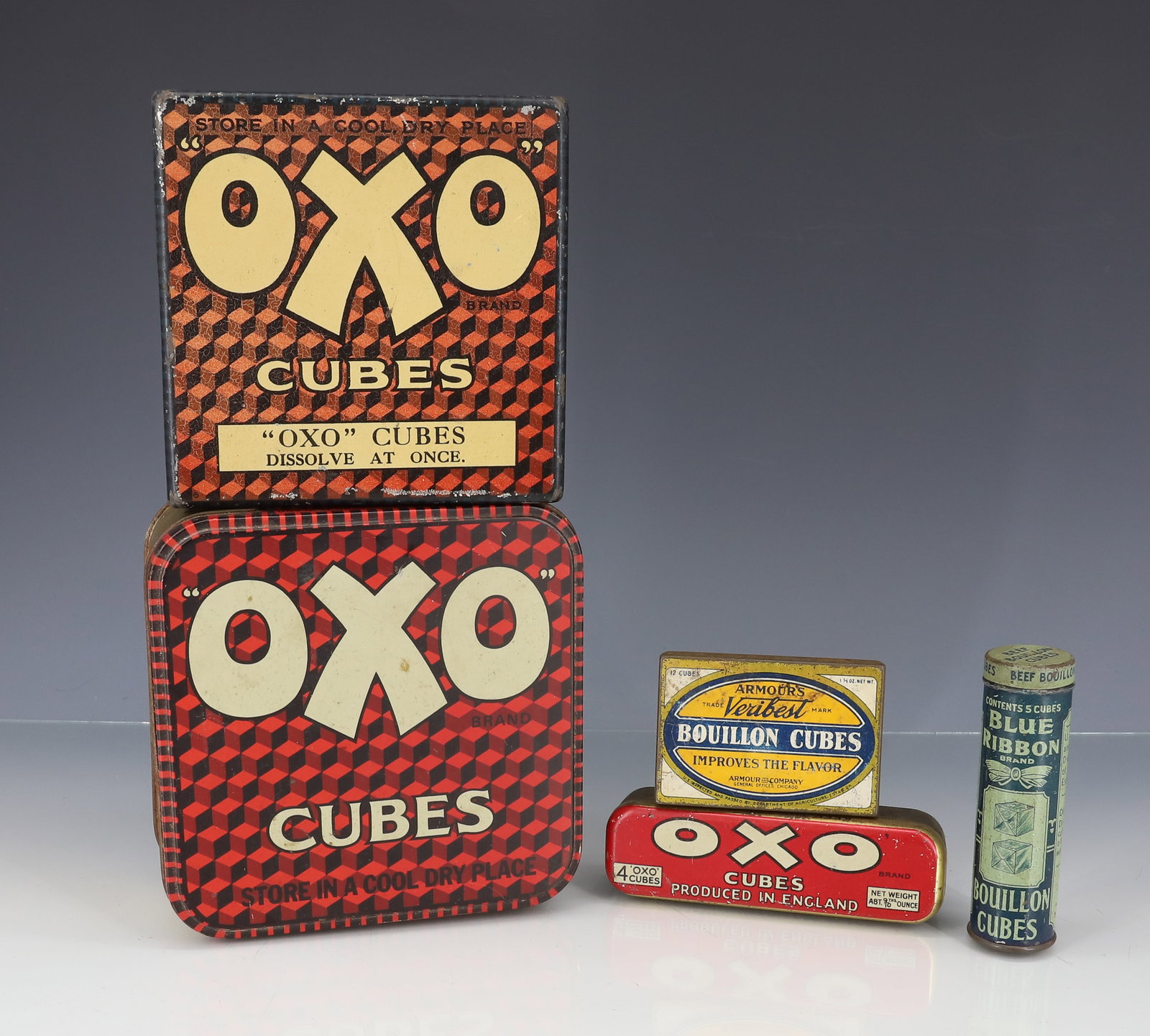 LOT OF BOUILLON CUBES TINS: TIN LITHO INCLUDING: OXO CUBES, ARMOUR'S VERIBEST, BLUE RIBBON . LARGEST 5". PLEASE READ CAREFULLY - ITEMS MUST BE PAID FOR THROUGH LIVE AUCTIONEERS OR WITH CASH OR CHECK IN PERSON - Terms for Purchas