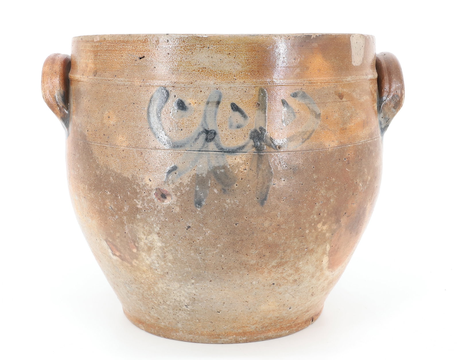 OVOID STONEWARE CROCK, BLUE DECORATION: BLUE DESIGN ON EITHER SIDE WITH LUG HANDLES. 9 3/4" X 10". PLEASE READ CAREFULLY - ITEMS MUST BE PAID FOR THROUGH LIVE AUCTIONEERS OR WITH CASH OR CHECK IN PERSON - Terms for Purchasing and Shipping o