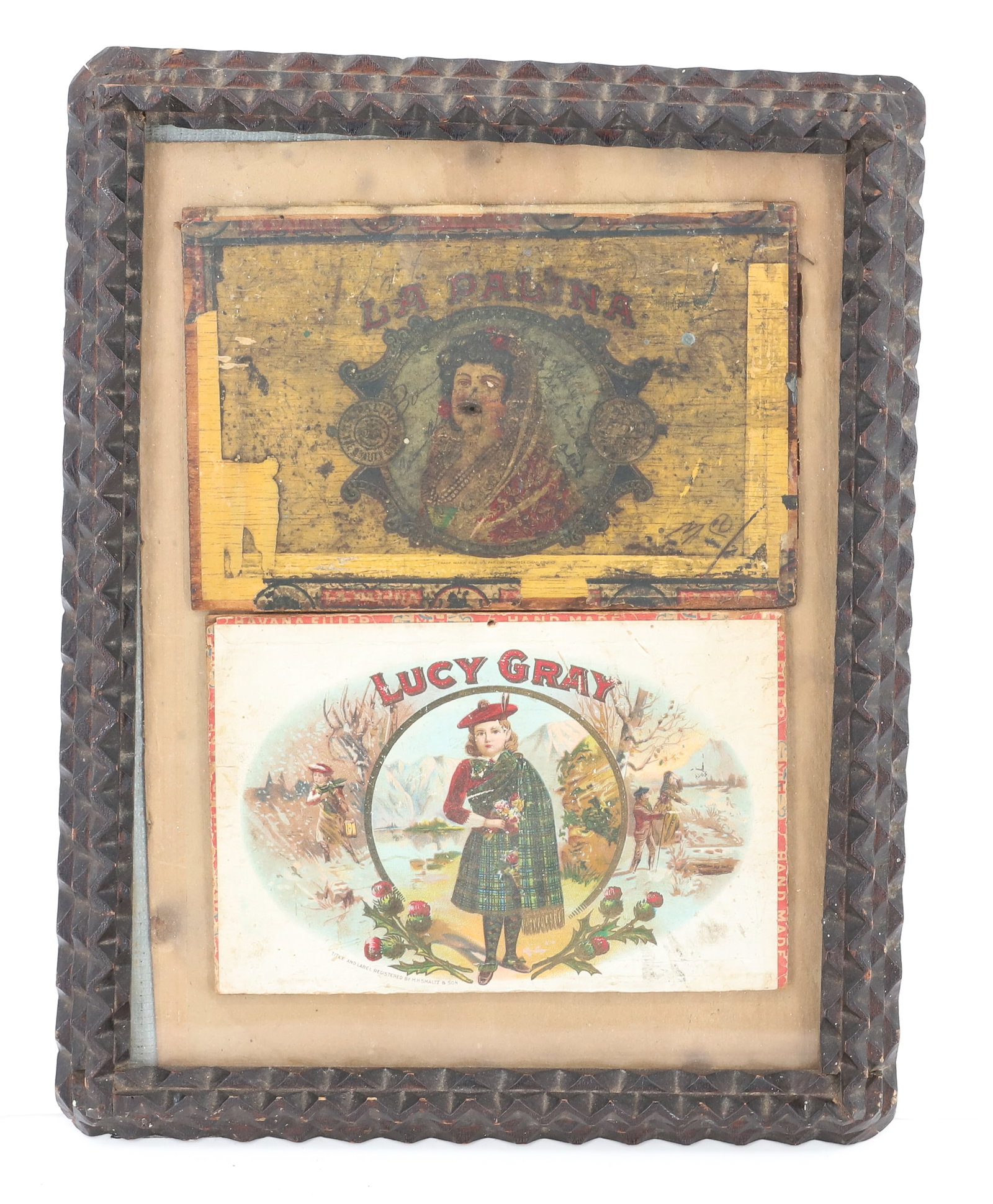 FOLK ART CARVED FRAME.: THREE LAYERS OF CARVING W/ FRAMED CIGAR BOX LIDS. 15" X 11 1/2". INTERIOR 12 3/4" X 9 1/4". PLEASE READ CAREFULLY - ITEMS MUST BE PAID FOR THROUGH LIVE AUCTIONEERS OR WITH CASH OR CHECK IN