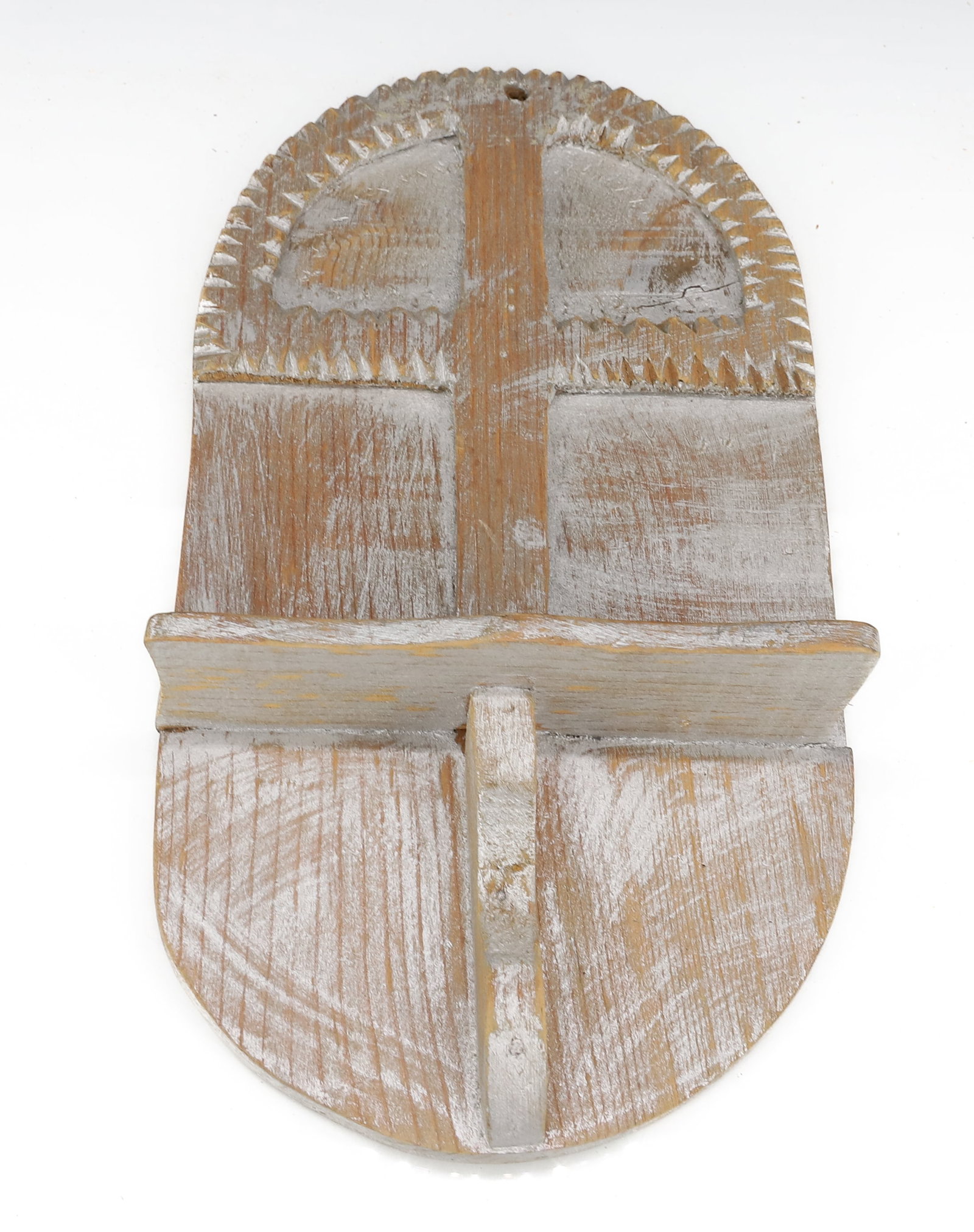 SMALL CARVED WOODEN SHELF: CHIP CARVED DECORATION. SILVER PAINTED SURFACE. 8 5/8" X 4 7/8". PLEASE READ CAREFULLY - ITEMS MUST BE PAID FOR THROUGH LIVE AUCTIONEERS OR WITH CASH OR CHECK IN PERSON - Terms for Purchasing