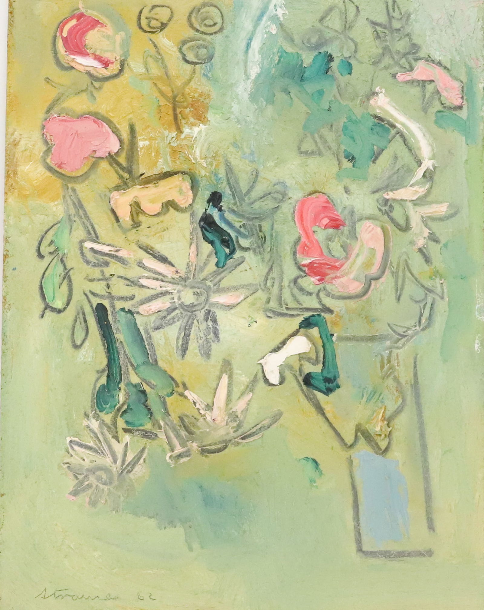 STERLING STRAUSER, O/B FLORAL: SGND/DATED LOWER LEFT 1962. TWO BOUQUETS OF FLOWERS WITH THICK PALETTE. UNFRAMED. 12" X 9". PLEASE READ CAREFULLY - ITEMS MUST BE PAID FOR THROUGH LIVE AUCTIONEERS OR WITH CASH OR CHECK IN