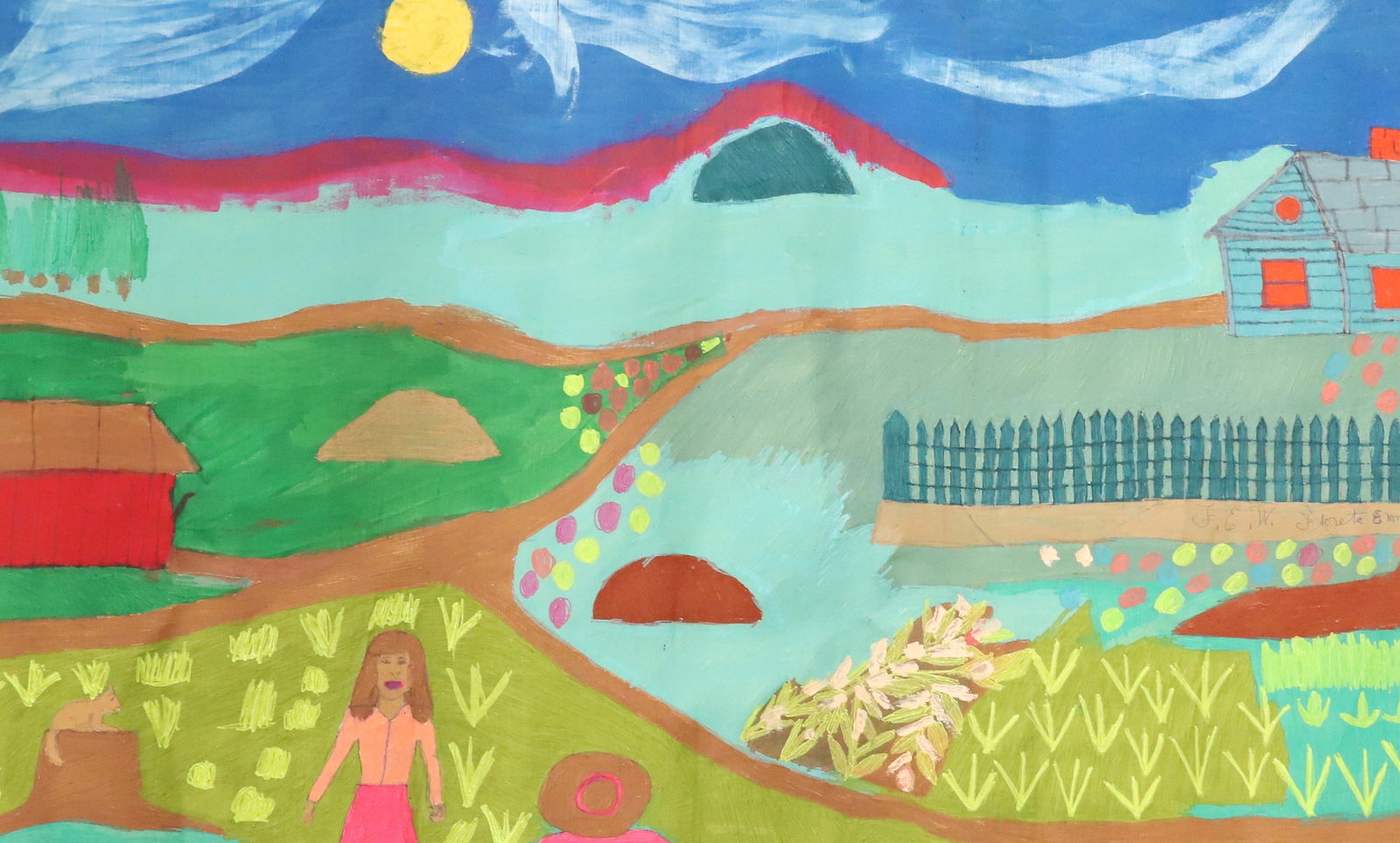 FLORETA EMMA WARFEL, OIL ON CANVAS: FOLK ART PAINTING OF HOUSE WITH BARN AND WOMAN. UNFRAMED. SGND. IN MIDDLE. 27" X 41". PLEASE READ CAREFULLY - ITEMS MUST BE PAID FOR THROUGH LIVE AUCTIONEERS OR WITH CASH OR CHECK IN PERSON -