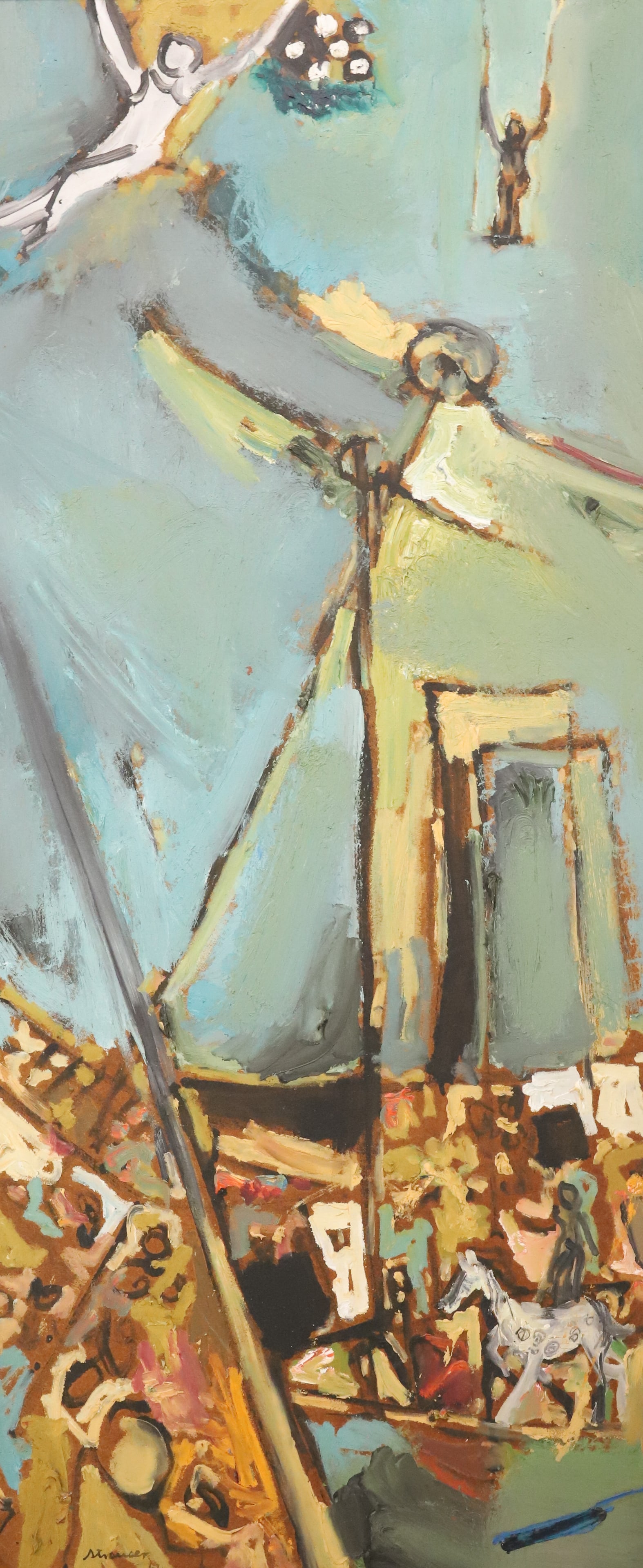 STERLING STRAUSER, O/B CIRCUS: AERIAL PERFORMERS AND HORSE RIDER W/ AUDIENCE UNDER THE BIG TOP. SGND/DATED LOWER LEFT '62. 40" X 18". FRAMED 41 1/2" X 19". PLEASE READ CAREFULLY - ITEMS MUST BE PAID FOR THROUGH LIVE AUCTIONEERS OR