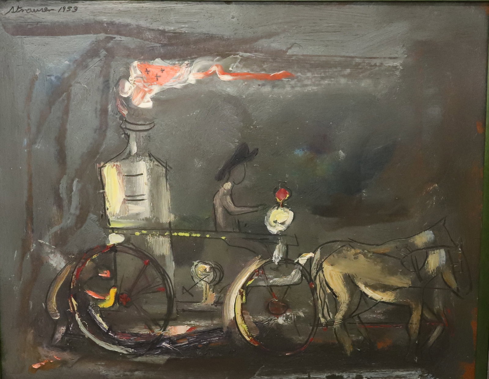 STERLING STRAUSER, O/B STROUDSBURG FIRE DEPT. FIRE ENGINE: SGND/DATED UPPER LEFT "1953". FEATURES EARLY STROUDSBURG FIRE DEPARTMENT PUMPER BEING PULLED BY TWO HORSES. ORIGINAL STROUDSBURG, PA FIRE PUMPER. 24" X 30". FRAMED 33" X 39". PLEASE READ