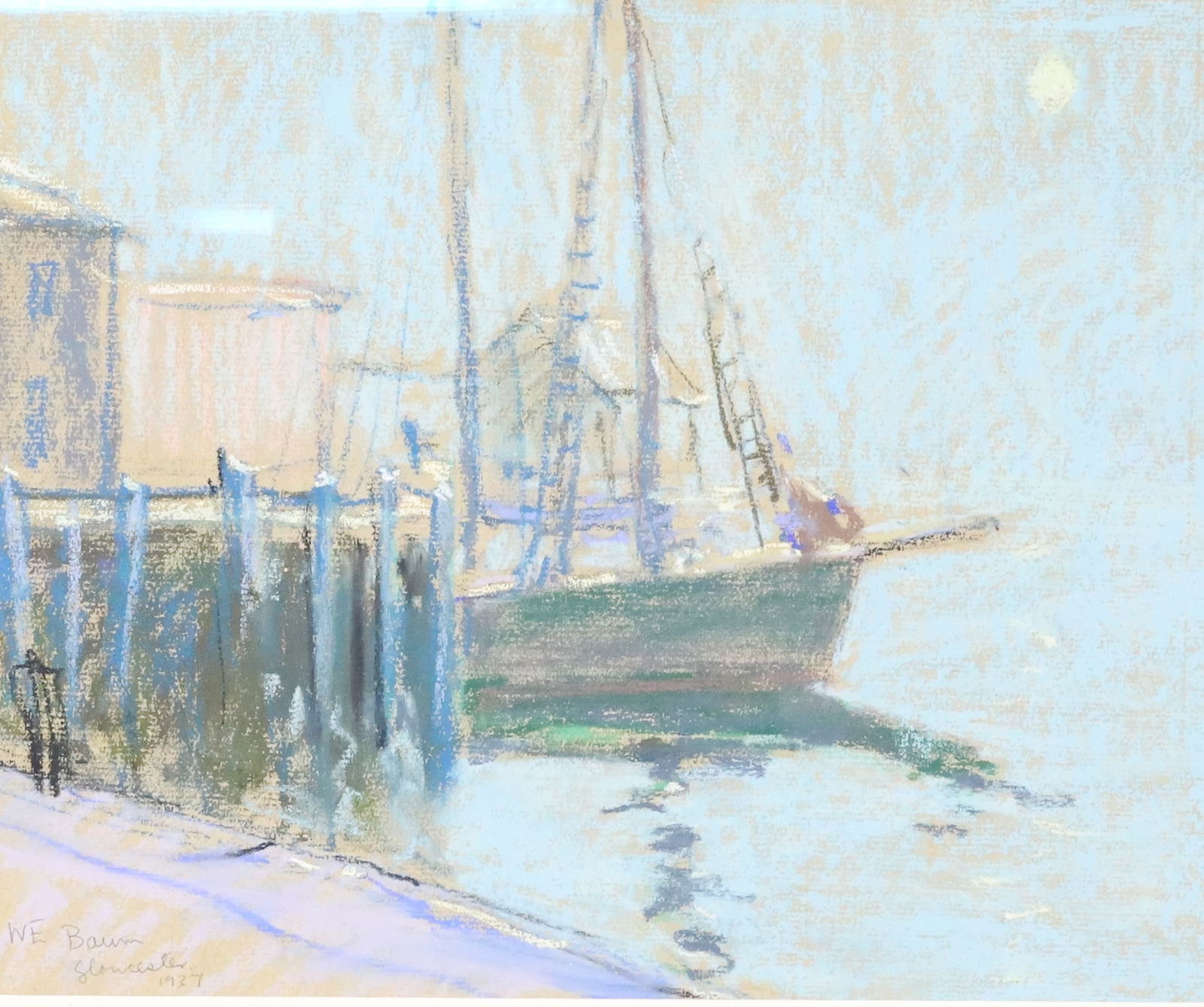 W.E. BAUM, ACRYLIC ON BOARD: GLOUCESTER, MA HARBOR SCENE. SGND. LOWER LEFT. DATED 1937. FRAMED AND MATTED. 15" X 17". UNDER GLASS. PLEASE READ CAREFULLY - ITEMS MUST BE PAID FOR THROUGH LIVE AUCTIONEERS OR WITH CASH OR