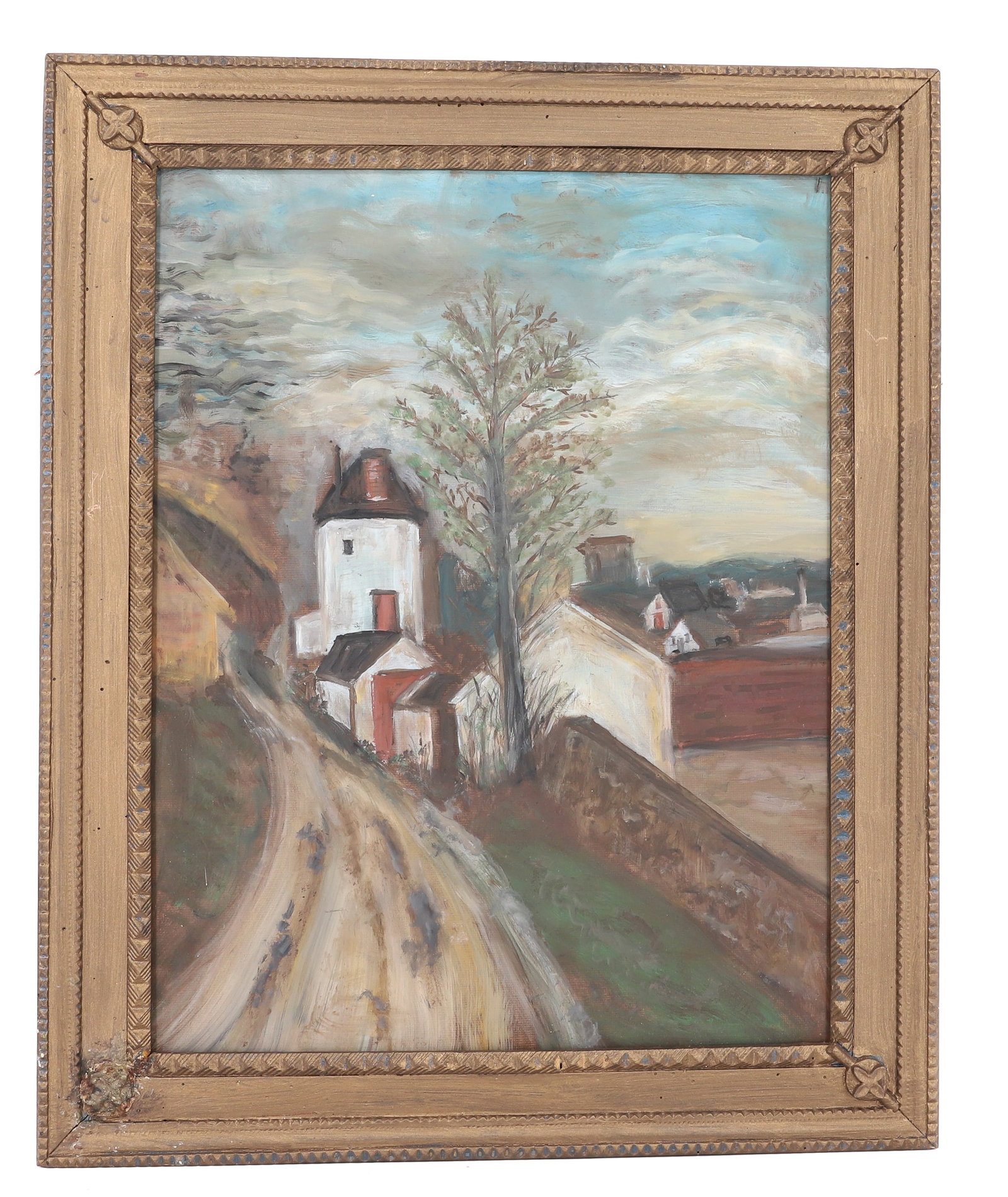 OIL ON BOARD, VILLAGE SCENE: WINDING ROAD WITH BUILDINGS IN THE FOREFRONT AND DISTANCE. UNSIGNED. FOLK ART PAINTED FRAME. 20" X 16 1/2". SIGHT VIEW IS 16" X 12 3/8" PLEASE READ CAREFULLY - ITEMS MUST BE PAID FOR THROUGH LIVE AUCT