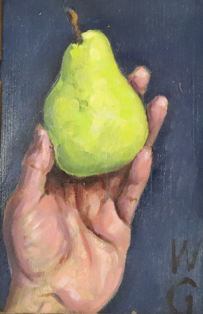 WILLIAM GOTHARD, O/B, PEAR IN HAND: SGND. BOTTOM RIGHT W.G. 9 1/2" X 6 1/2". FRAMED 13" X 10". PLEASE READ CAREFULLY - ITEMS MUST BE PAID FOR THROUGH LIVE AUCTIONEERS OR WITH CASH OR CHECK IN PERSON - Terms for Purchasing and