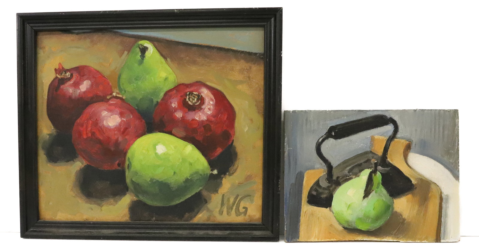 (2) WILLIAM GOTHARD, O/B STILL-LIFES: PEARS AND POMEGRANATES. SGND ON REVERSE AND LOWER RIGHT W.G. ONE UNFRAMED 6" X 8". FRAMED 9 1/2" X 11". PLEASE READ CAREFULLY - ITEMS MUST BE PAID FOR THROUGH LIVE AUCTIONEERS OR WITH CASH OR