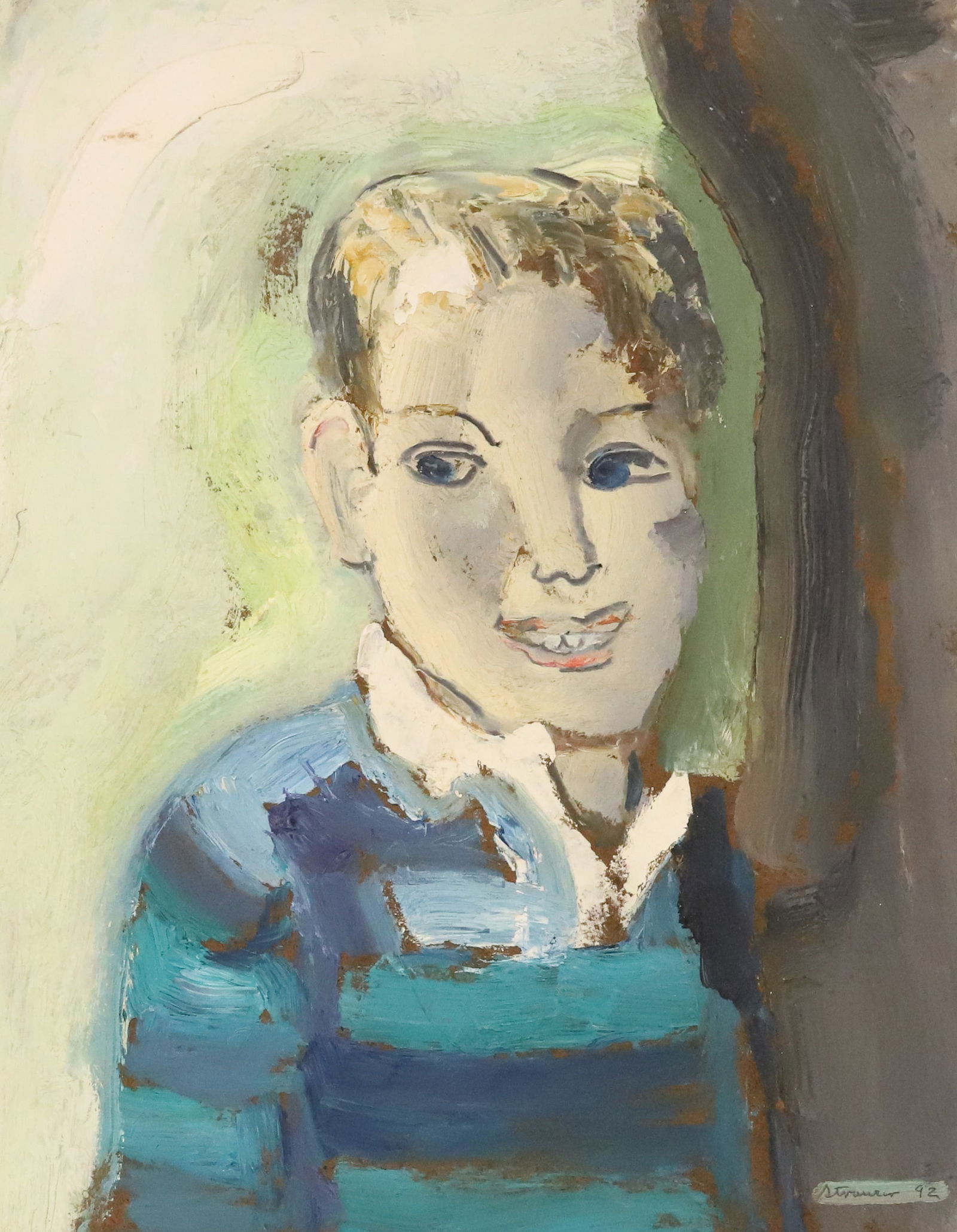 STERLING STRAUSER, O/B: PORTRAIT OF A BOY. SGND/DATED LOWER RIGHT '92. UNFRAMED. 18" X 14". FROM THE PRIVATE COLLECTION OF KATHRYN ZERVOS (GRAND DAUGHTER OF STERLING STRAUSER) #39. PLEASE READ CAREFULLY - ITEMS MUST
