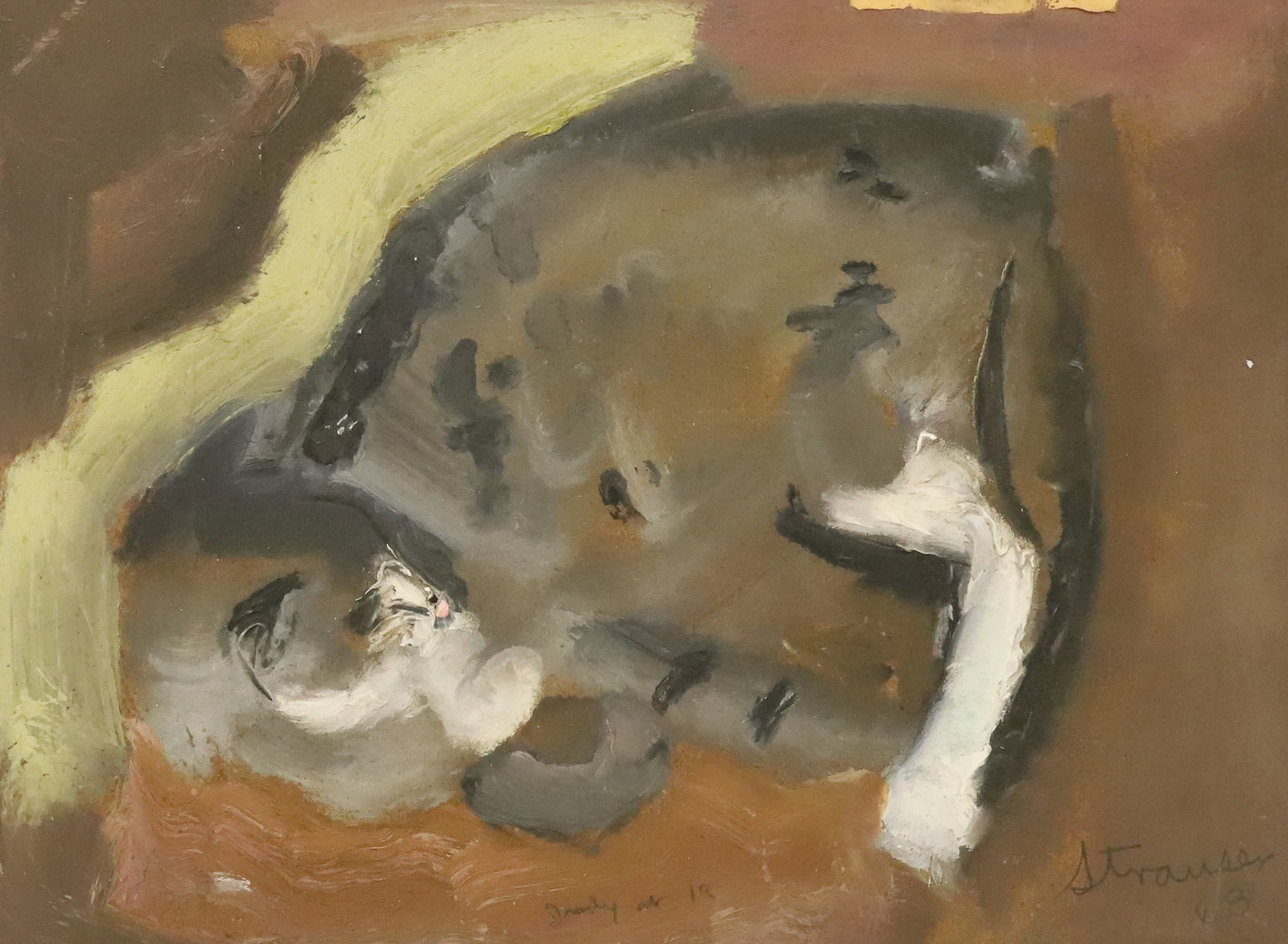 STERLING STRAUSER, O/B, SLEEPING CAT: GRADY AT 19. SGND/DATED LOWER RIGHT '68. UNFRAMED. 14" X 18". FROM THE PRIVATE COLLECTION OF KATHRYN ZERVOS (GRAND DAUGHTER OF STERLING STRAUSER) PLEASE READ CAREFULLY - ITEMS MUST BE PAID FOR