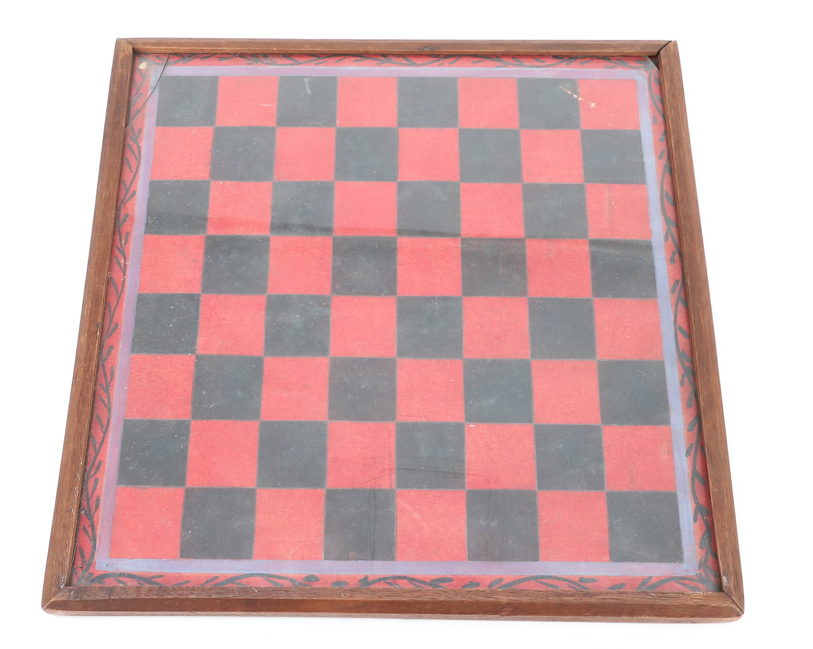 FOLK ART GAME BOARD, FRAMED: RED / BLACK WITH GRAY TRIM AND VINE BORDER. FRAMED IN WOOD UNDER GLASS. MRKD. MILLERSBURG, PENNA. 11 7/8" X 11 7/8". PLEASE READ CAREFULLY - ITEMS MUST BE PAID FOR THROUGH LIVE AUCTIONEERS OR