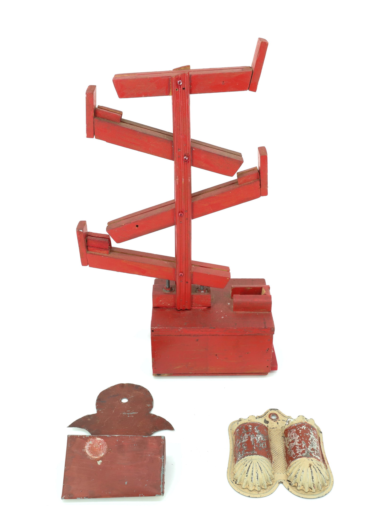 HOMEMADE PENNY BANK AND MATCH HOLDERS: RED PAINTED WOOD. PENNY PUT INTO SLOT AT TOP AND MOVES TO BOTTOM HOLDING AREA. 17" H. WITH, TWO PAINTED TIN WALL MOUNT MATCH HOLDERS. LARGEST 7". PLEASE READ CAREFULLY - ITEMS MUST BE PAID FOR