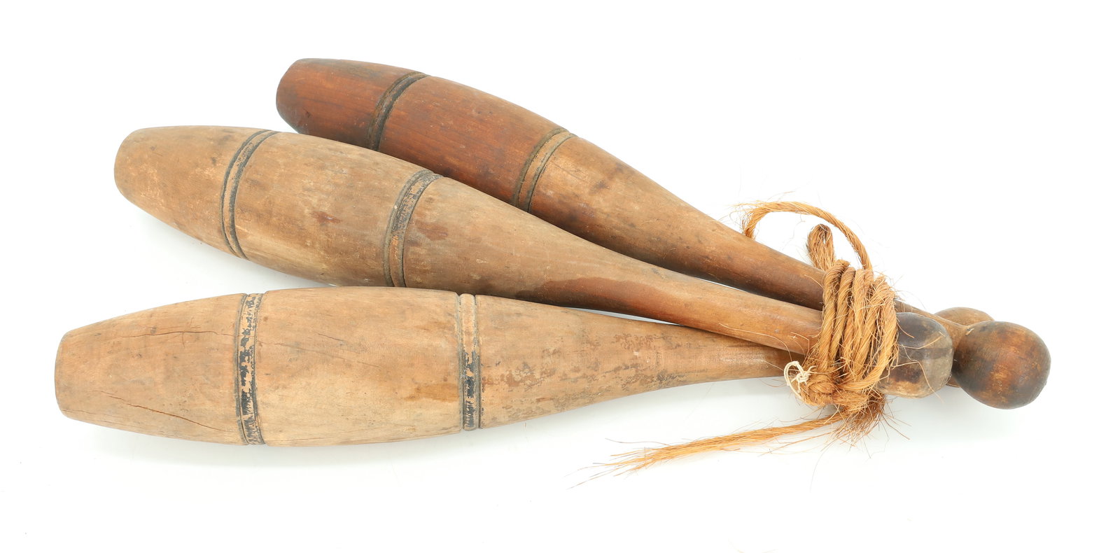 (3) WOODEN EXERCISE PINS: THREE INDIAN CLUBS WITH INCISED LINES. 16 1/8" L. PLEASE READ CAREFULLY - ITEMS MUST BE PAID FOR THROUGH LIVE AUCTIONEERS OR WITH CASH OR CHECK IN PERSON - Terms for Purchasing and Shipping of Auction