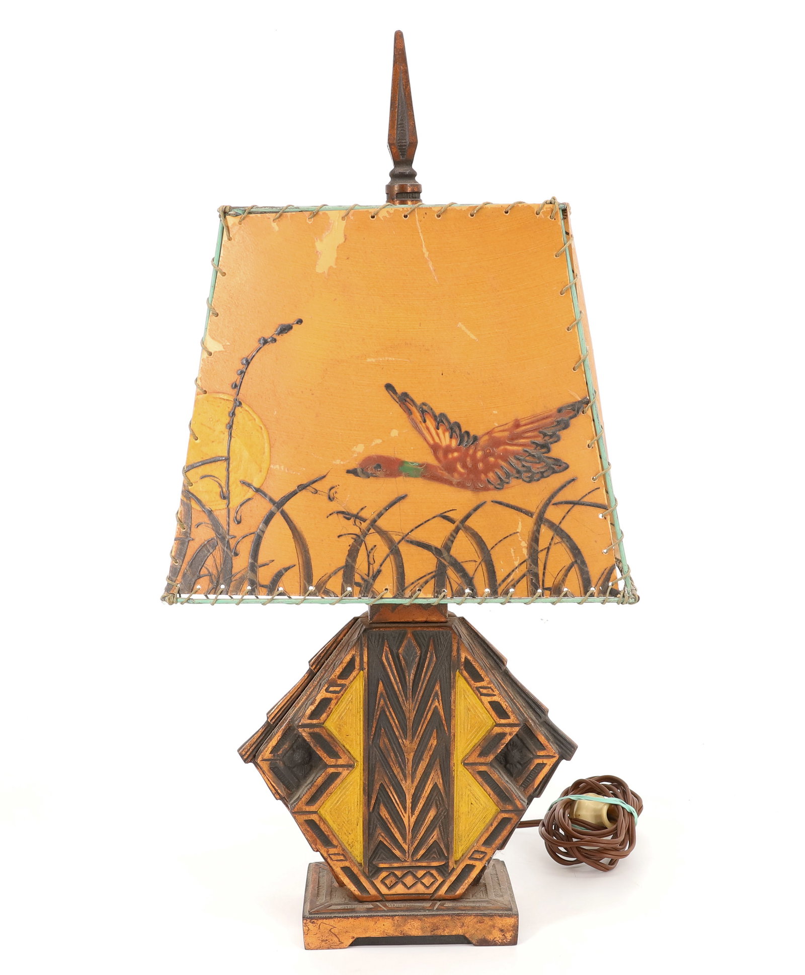ART DECO METAL LAMP: CAST IRON WITH BRONZE AND PAINTED FINISH. SHADE WITH DUCKS. BASE IS 7 7/8" H. PLEASE READ CAREFULLY - ITEMS MUST BE PAID FOR THROUGH LIVE AUCTIONEERS OR WITH CASH OR CHECK IN PERSON - Terms for Purcha