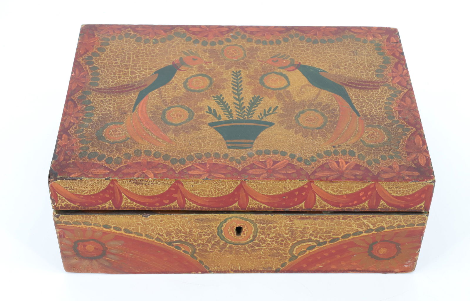 FOLK ART PAINTED DRESSER BOX: EXUBERANT PAINTED BOX WITH BIRDS AND POTTED PLANTS ON LID. WITH FLOWER BORDER. MUSTARD/RED/ORANGE/GREEN PALETTE. INTERIOR MIRROR AND DECORATION. PLEASE READ CAREFULLY - ITEMS MUST BE PAID FOR THROUGH