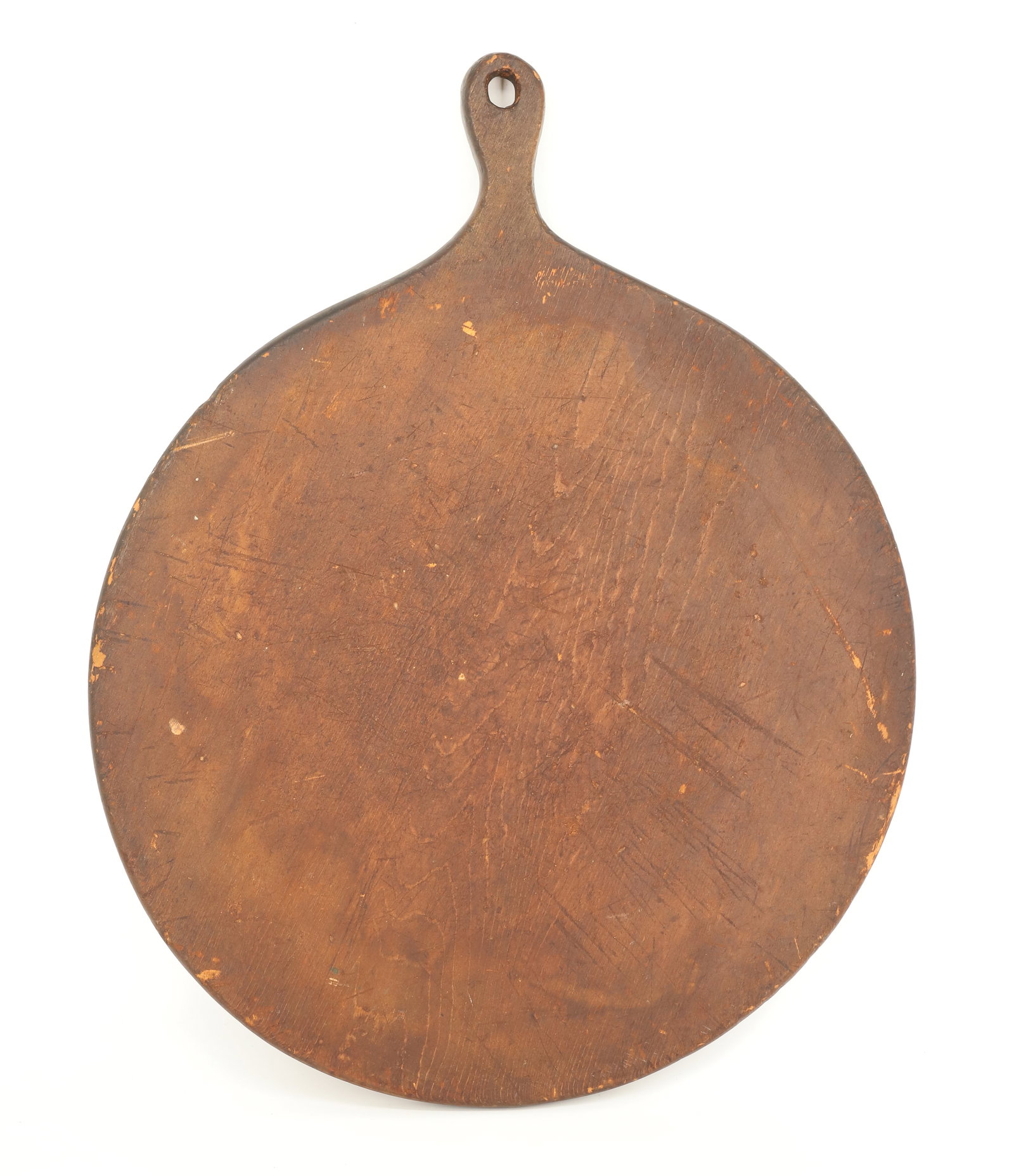 ROUND WOODEN DOUGH BOARD, CUTTING BOARD: ROUND WITH HANDLE AND HANG HOLE. 18 3/4" D. (23 3/4" WITH HANDLE). PLEASE READ CAREFULLY - ITEMS MUST BE PAID FOR THROUGH LIVE AUCTIONEERS OR WITH CASH OR CHECK IN PERSON - Terms for Purchasing