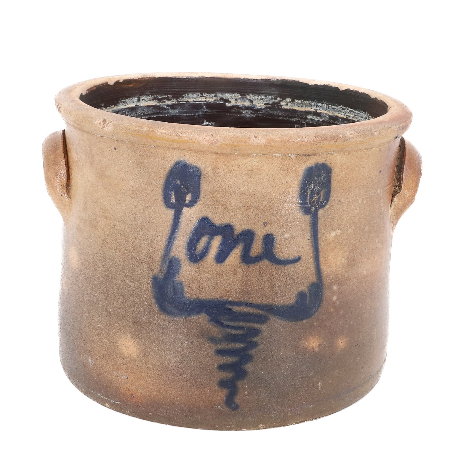 ONE-GALLON BLUE DECORATED CROCK, EX-WATERLOO VILLAGE: BLUE DECORATION WITH SCRIPT "ONE". FROM COLLECTION OF WATERLOO VILLAGE (NJ) 2008. 7" X 8 3/4". PLEASE READ CAREFULLY - ITEMS MUST BE PAID FOR THROUGH LIVE AUCTIONEERS OR WITH CASH OR CHECK IN