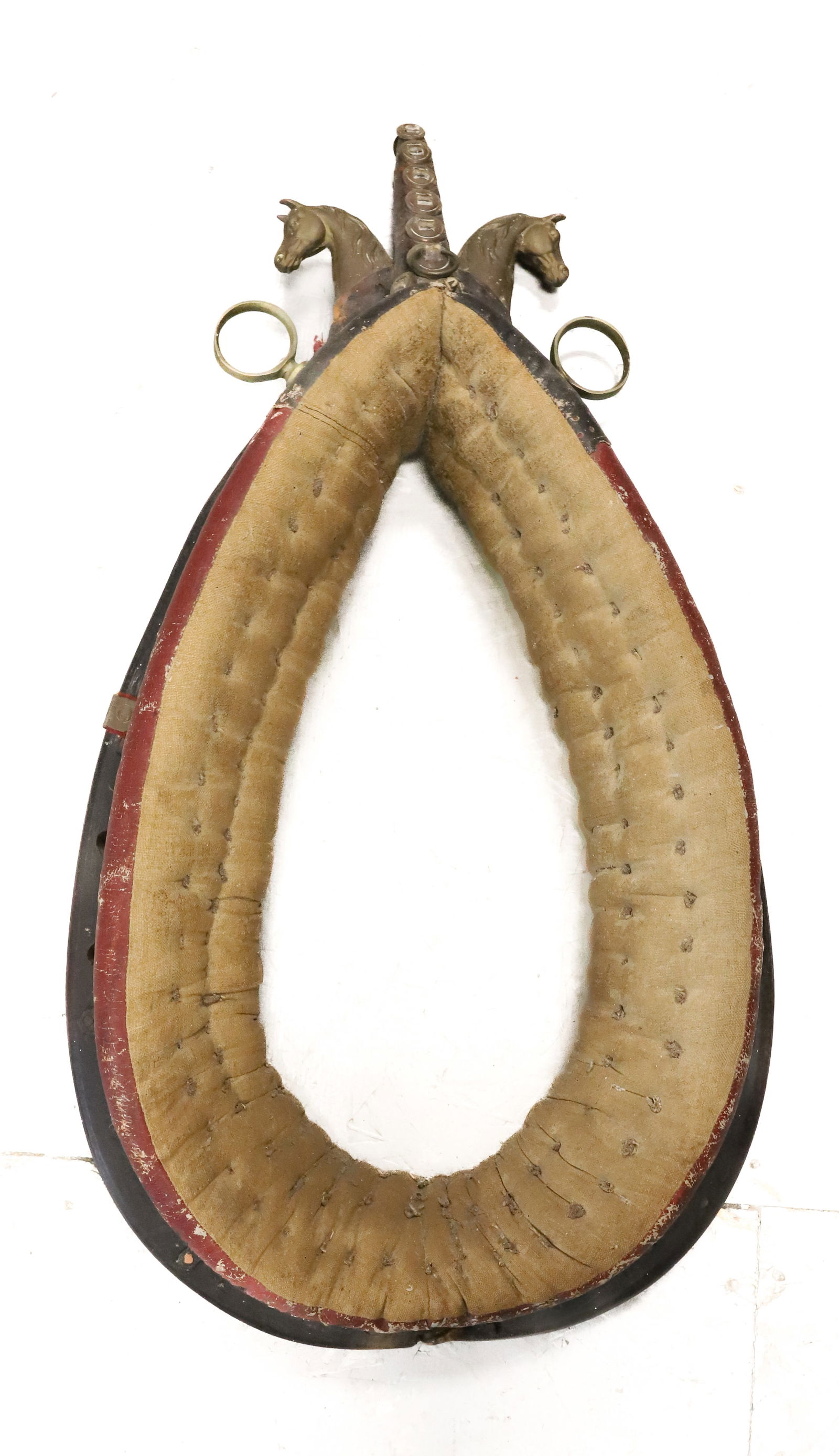 UNUSUAL ANTIQUE HORSE COLLAR: WOOD / LEATHER / BRASS WITH UNUSUAL HORSE DECORATION AT TOP. 32" L. PLEASE READ CAREFULLY - ITEMS MUST BE PAID FOR THROUGH LIVE AUCTIONEERS OR WITH CASH OR CHECK IN PERSON - Terms for Purchasing