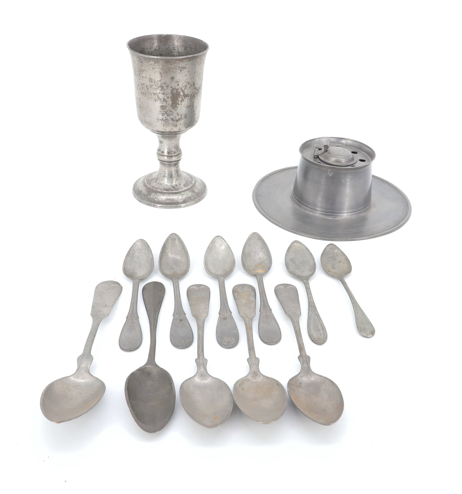 LOT OF PEWTER SPOONS, INKWELL, GOBLET (1 of 6)