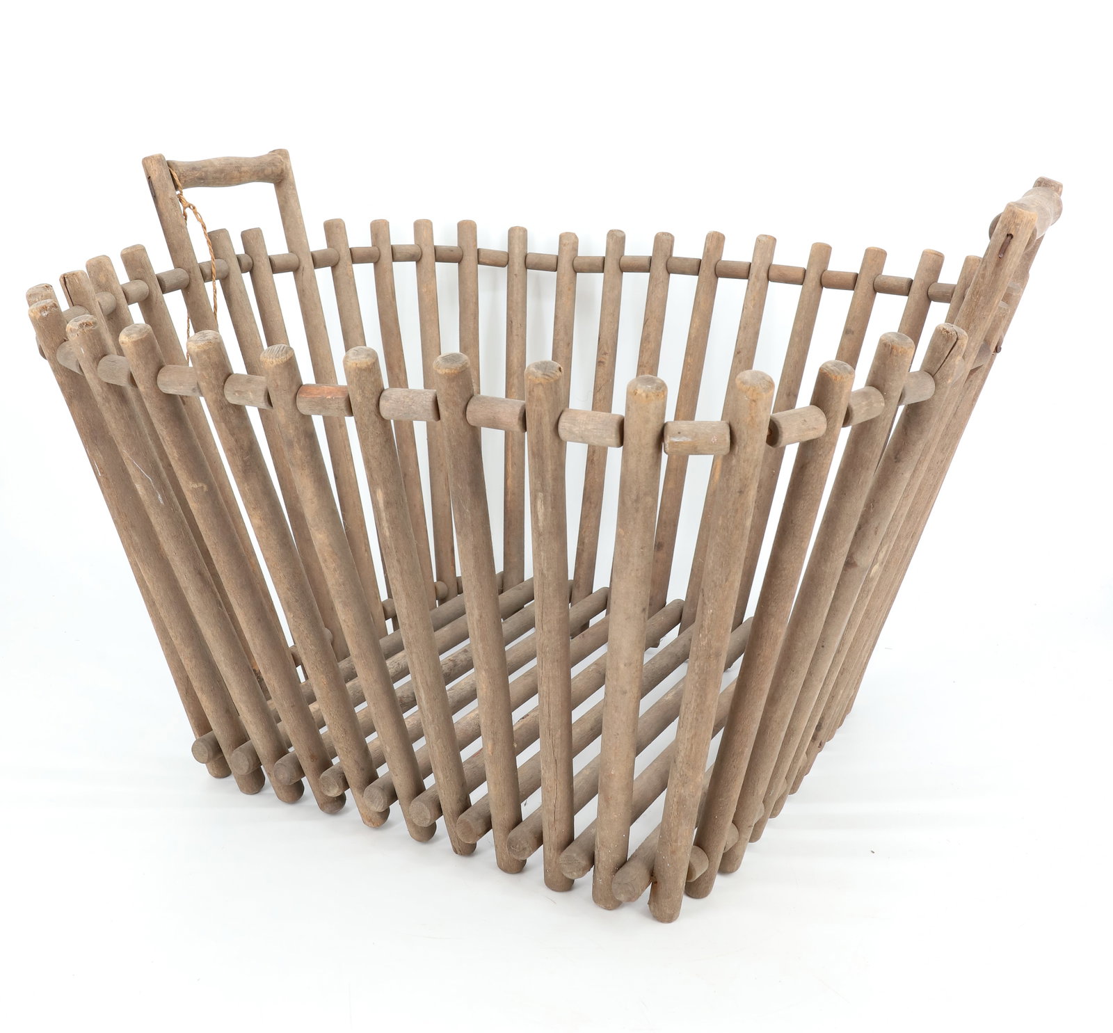 UNUSUAL WOODEN BASKET: OPEN DOWEL ROD CONSTRUCTION WITH HANDLE ON EITHER SIDE. 14" X 21" X 20". PLEASE READ CAREFULLY - ITEMS MUST BE PAID FOR THROUGH LIVE AUCTIONEERS OR WITH CASH OR CHECK IN PERSON - Terms for