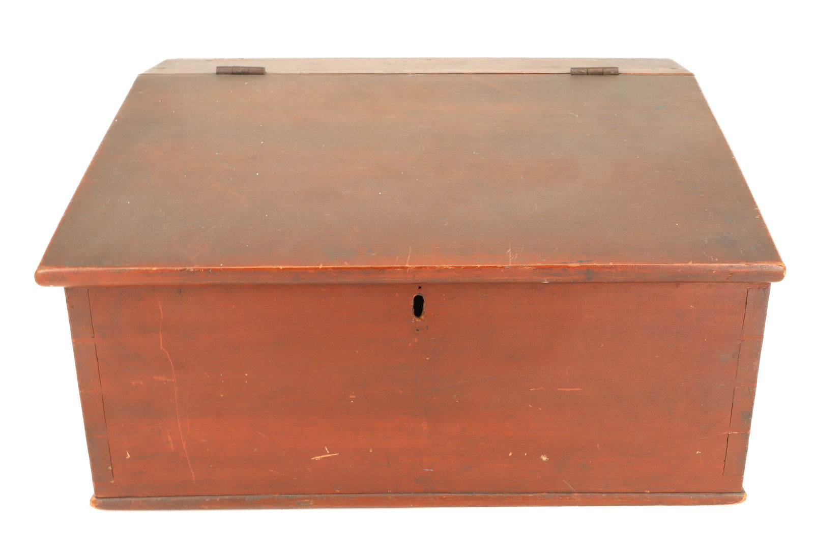 19TH C. SLANT LID DESK: TABLETOP DESK WITH HINGED SLANT LID. DOVETAILED CONSTRUCTION. BROWNISH-RED FINISH. 10" X 17 1/2" X 12". PLEASE READ CAREFULLY - ITEMS MUST BE PAID FOR THROUGH LIVE AUCTIONEERS OR WITH CASH OR