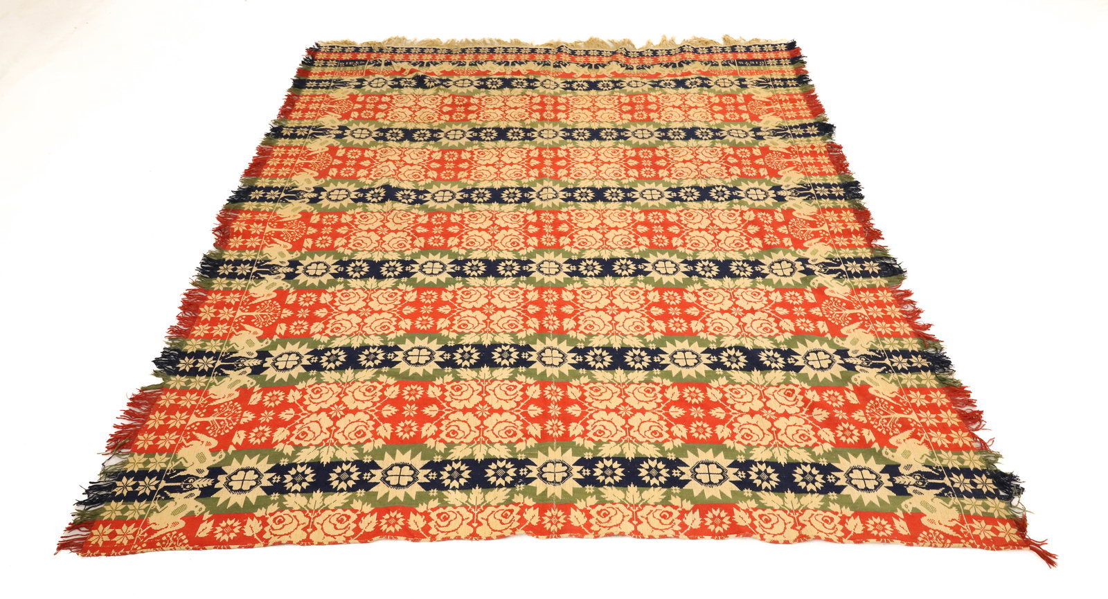 19TH C. MULTI-COLOR EAGLE COVERLET: MRKD. "DAVID STAUCH...G.G. DIETZ, 1838" IN TWO CORNERS. CREAM / RED/ GREEN / BLUE. FLORAL AND GEOMETRIC WITH EAGLE, TREE AND FLORAL BORDER. FRINGE ON THREE SIDES. 96" X 80". PLEASE READ