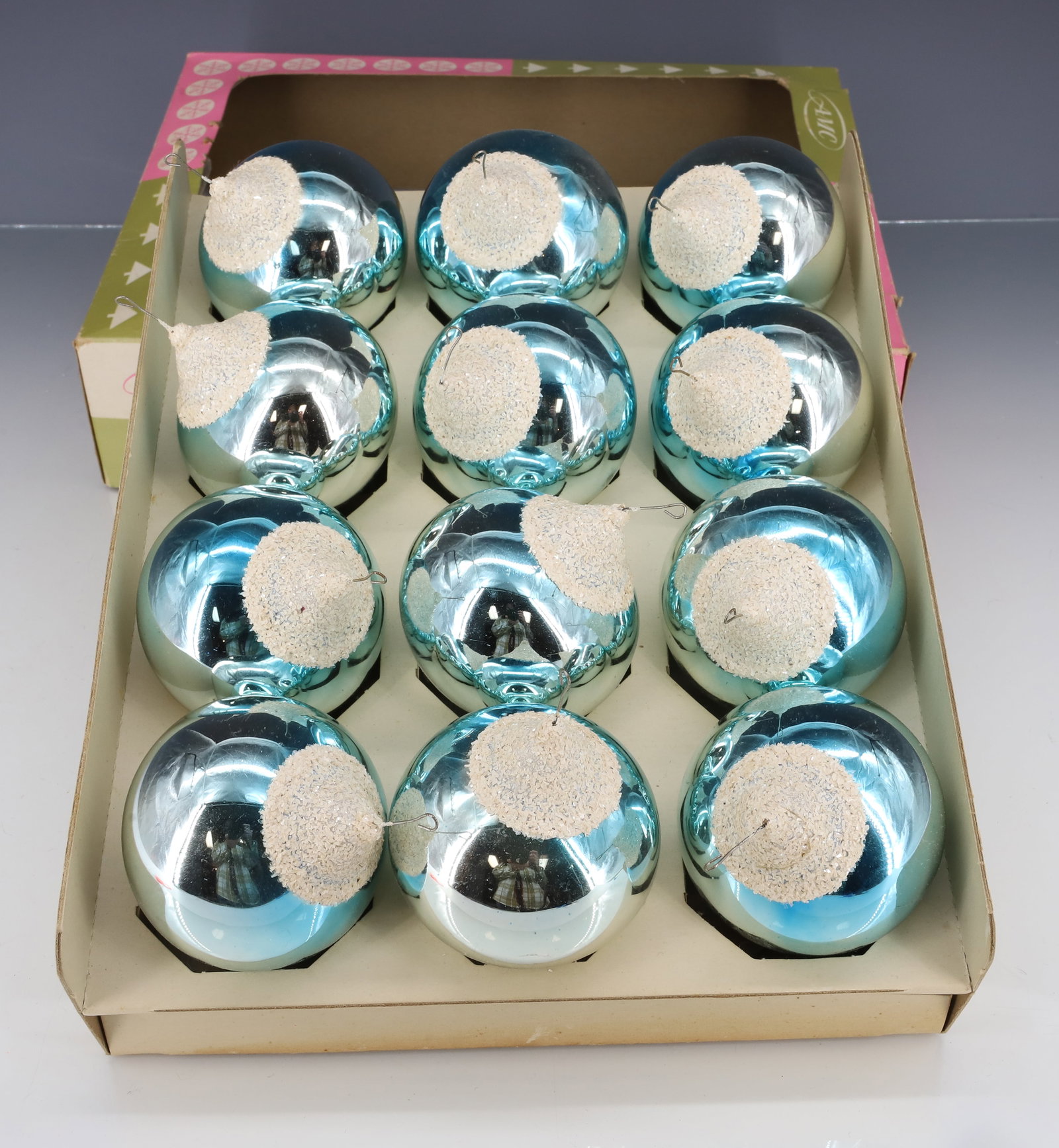 VINTAGE "AMC" CHRISTMAS ORNAMENTS: MERCURY GLASS WITH FROSTED TOPS. ORIGINAL BOX. 3" L. PLEASE READ CAREFULLY - ITEMS MUST BE PAID FOR THROUGH LIVE AUCTIONEERS OR WITH CASH OR CHECK IN PERSON - Terms for Purchasing and Shipping