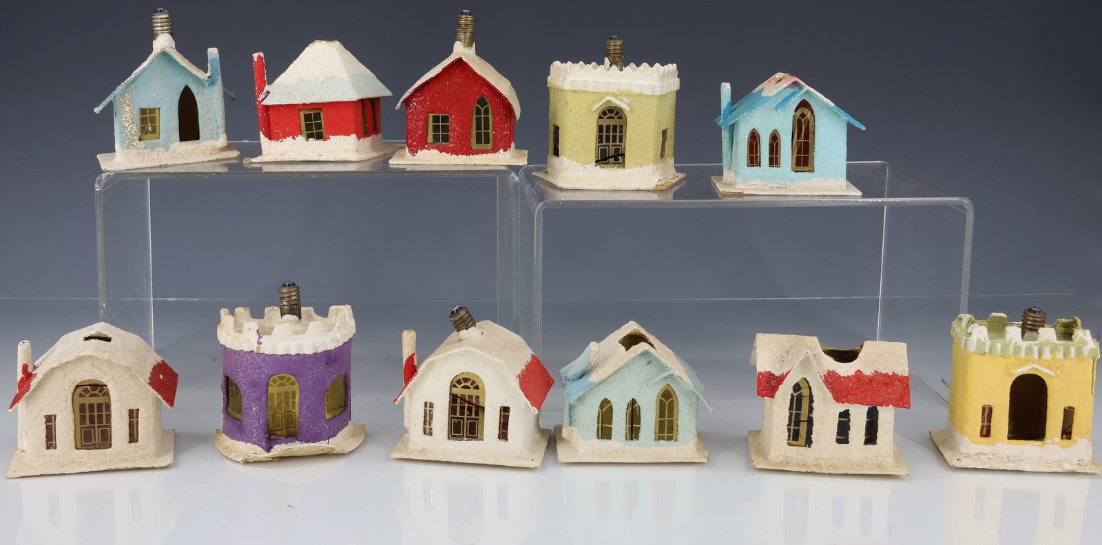 LOT OF "NIPPON" HOUSE CHRISTMAS BULB DECORATIONS: (11) MICA / CARDBOARD COVERED HOUSES WITH SMALL BULBS IN TOP. LARGEST 3 3/4" D. PLEASE READ CAREFULLY - ITEMS MUST BE PAID FOR THROUGH LIVE AUCTIONEERS OR WITH CASH OR CHECK IN PERSON - Terms for