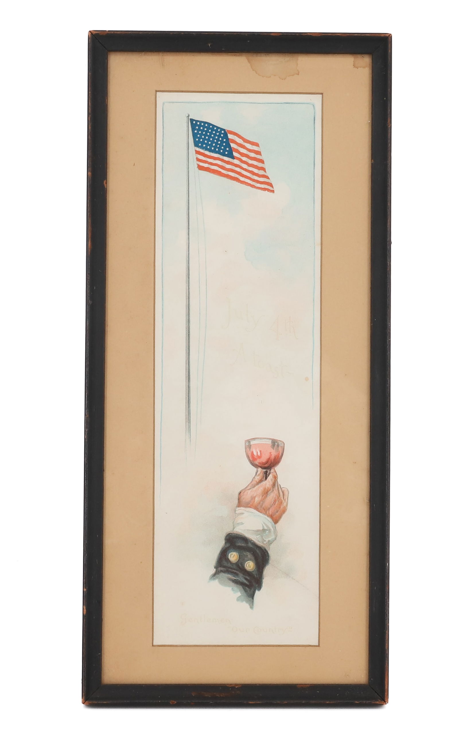 FRAMED PATRIOTIC PRINT: JULY 4TH A TOAST, GENTLEMEN OUR COUNTRY". MATTED AND FRAMED UNDER GLASS. 13 1/4" X 6". PLEASE READ CAREFULLY - ITEMS MUST BE PAID FOR THROUGH LIVE AUCTIONEERS OR WITH CASH OR CHECK IN PERSON -